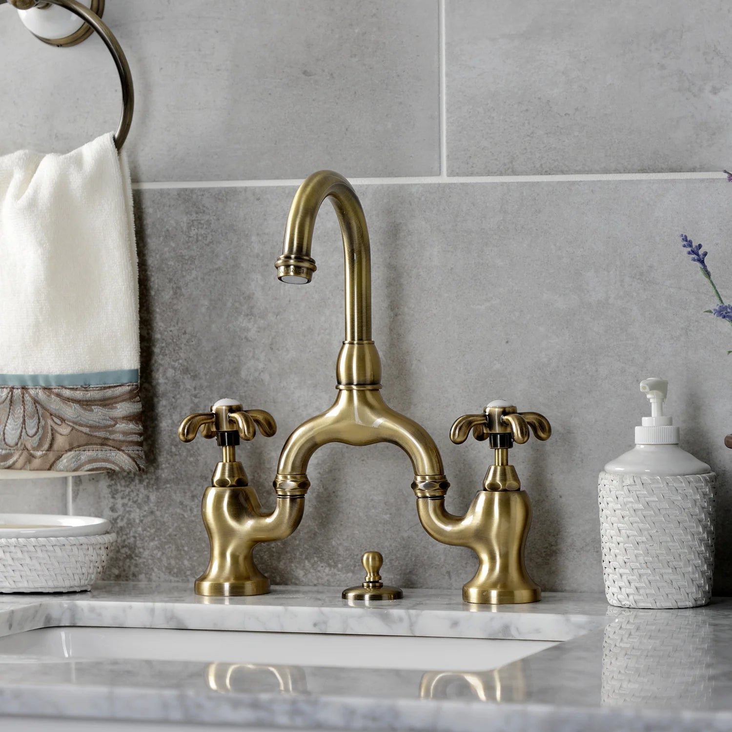 French Country Bridge Bathroom Faucet with Spoke Handles - Vintage Brass Bathroom Sink Faucet for Farmhouse & Cottage Style Decor - Perfect for Guest Bathrooms and Powder Rooms