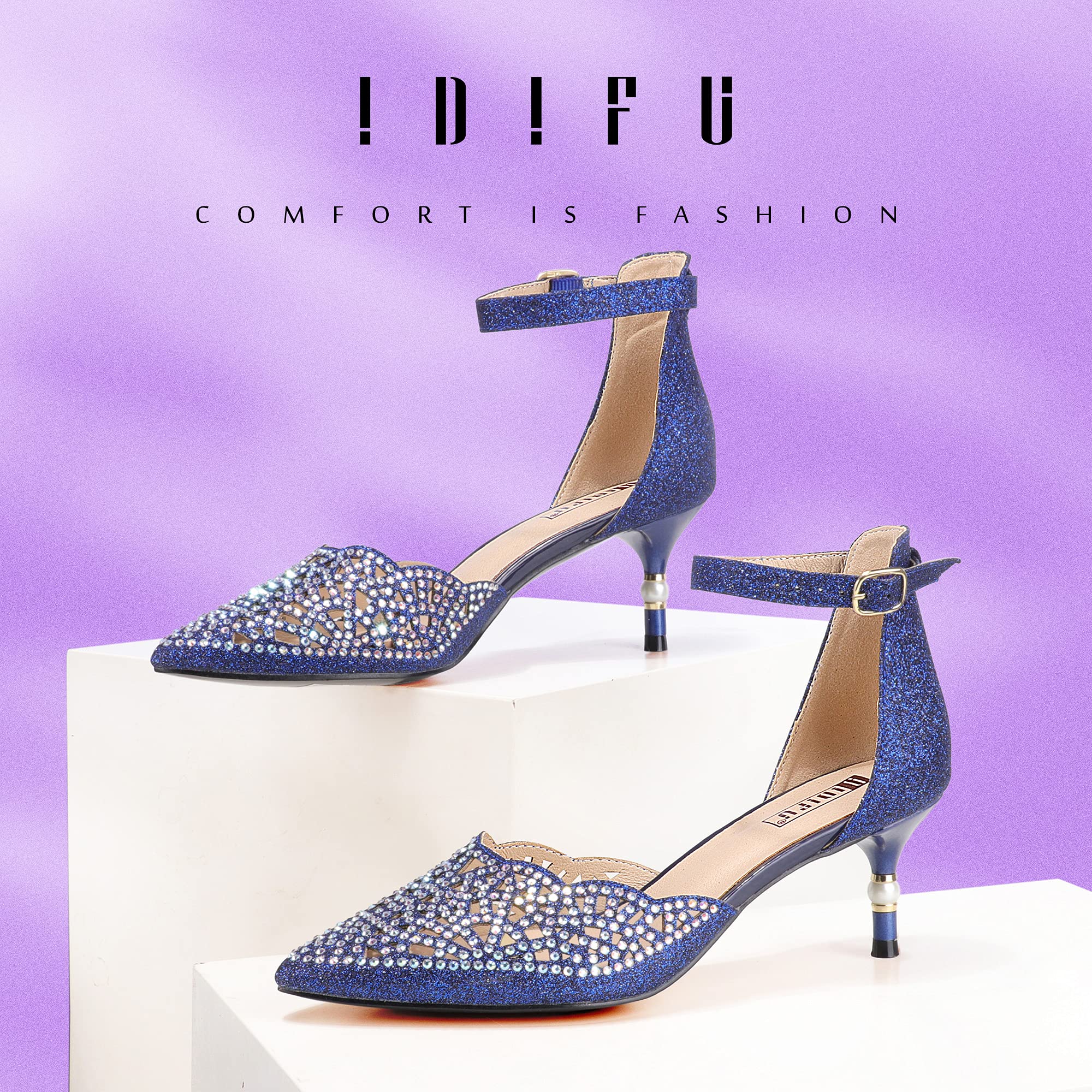 IDIFU Women's Rhinestone Sequins Kitten Heel Wedding Pumps - Elegant Low Heel Bridal Shoes for Bride, Evening Party & Special Occasions