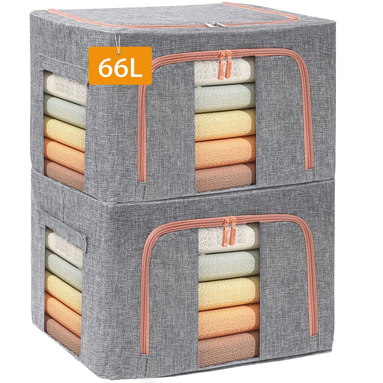 Stackable Clothes Storage Organizer Bags - 2 Pack Foldable Metal Frame with Zipper, Handles & Clear Window - 66L Gray Storage Containers for Blankets, Sweaters, Comforters & Pillows | Perfect for Closet, Bedroom & Seasonal Storage Organization