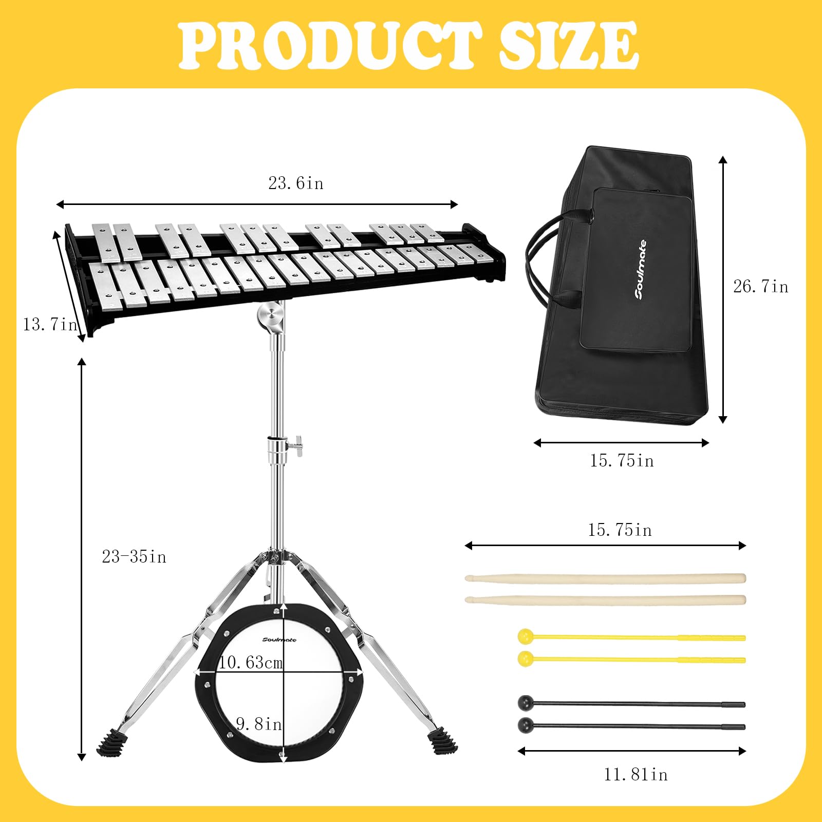 Professional 30-Note Glockenspiel Xylophone Bell Kit with 8'' Drum Practice Pad - Percussion Instrument Set for Adults & Beginners - Perfect for Music Practice, Classroom Learning & Live Performances