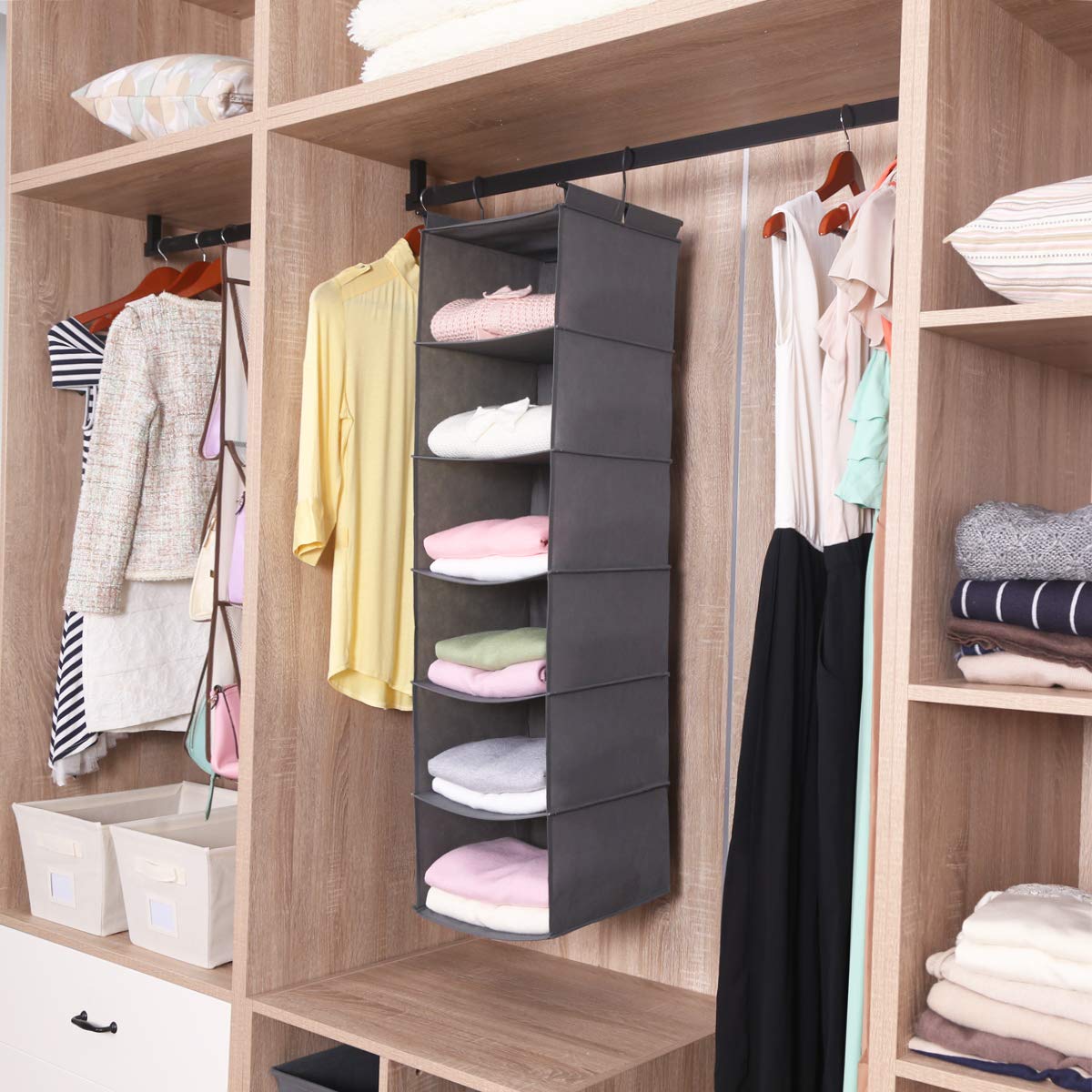 MAX Houser 6-Tier Hanging Closet Organizer Shelf with 2 Heavy-Duty Hooks - Foldable Space-Saving Storage Solution for Bedroom, Closet & Dorm (Grey & Beige) - Perfect for Organizing Clothes, Shoes & Accessories