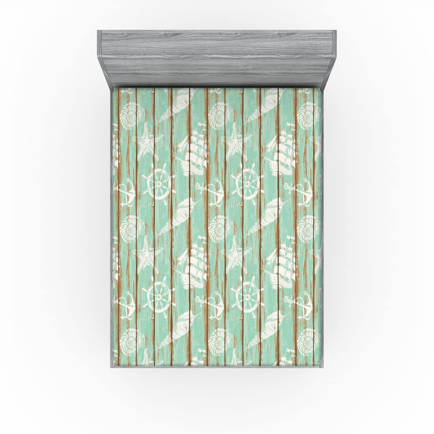 Ambesonne Nautical Fitted Sheet - Queen Size Mint Green Ship Wheel & Anchor Design Deep Pocket Bed Cover for Comfort | Perfect for Coastal, Beach House, or Maritime Themed Bedrooms