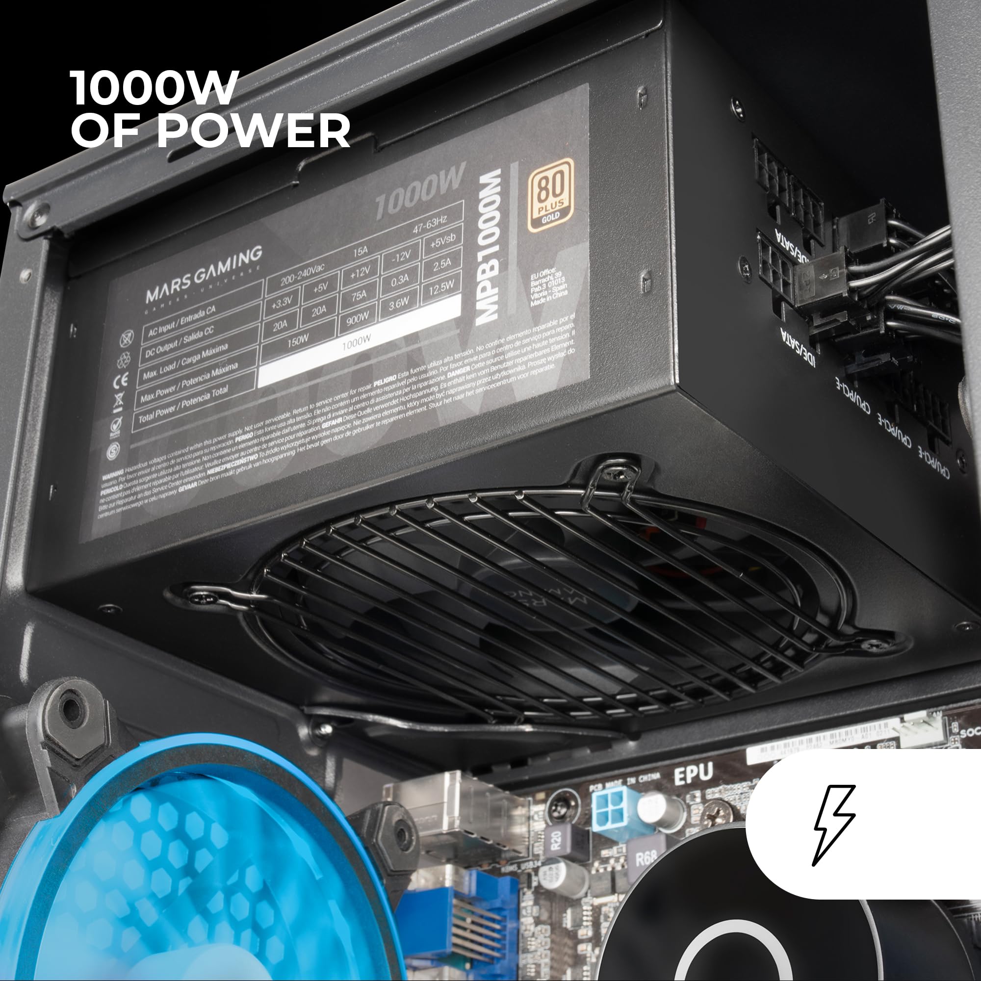 Mars Gaming MPB1000M 1000W 80 Plus Gold Certified Fully Modular Power Supply - Black | High Efficiency PC Gaming PSU for Custom Builds & Workstations