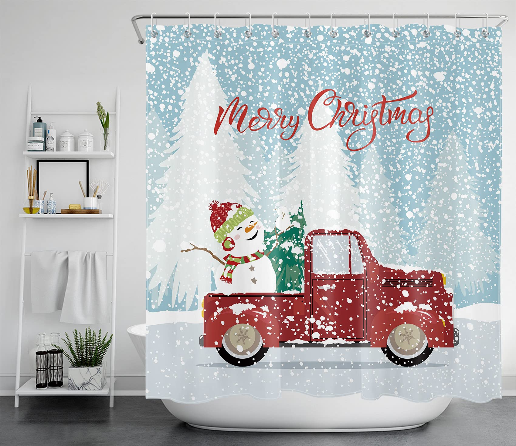 HVEST Christmas Shower Curtain - Red Truck & Snowman Design, Waterproof Polyester Fabric, 72x72 Inches - Perfect for Holiday Bathroom Decor, Winter Themed Home Accessories (Great for Christmas Gifts & Seasonal Home Styling)