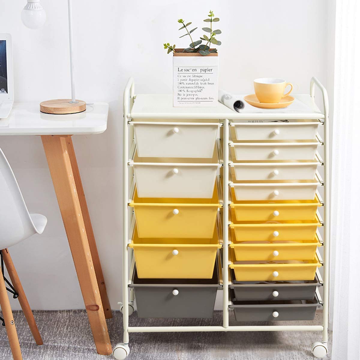 15-Tier Rolling Drawer Storage Cart with 4 Wheels - Moccha Organizer for Cosmetics, Office Supplies & Files - Perfect for Home, Studio & Office Organization (Yellow)