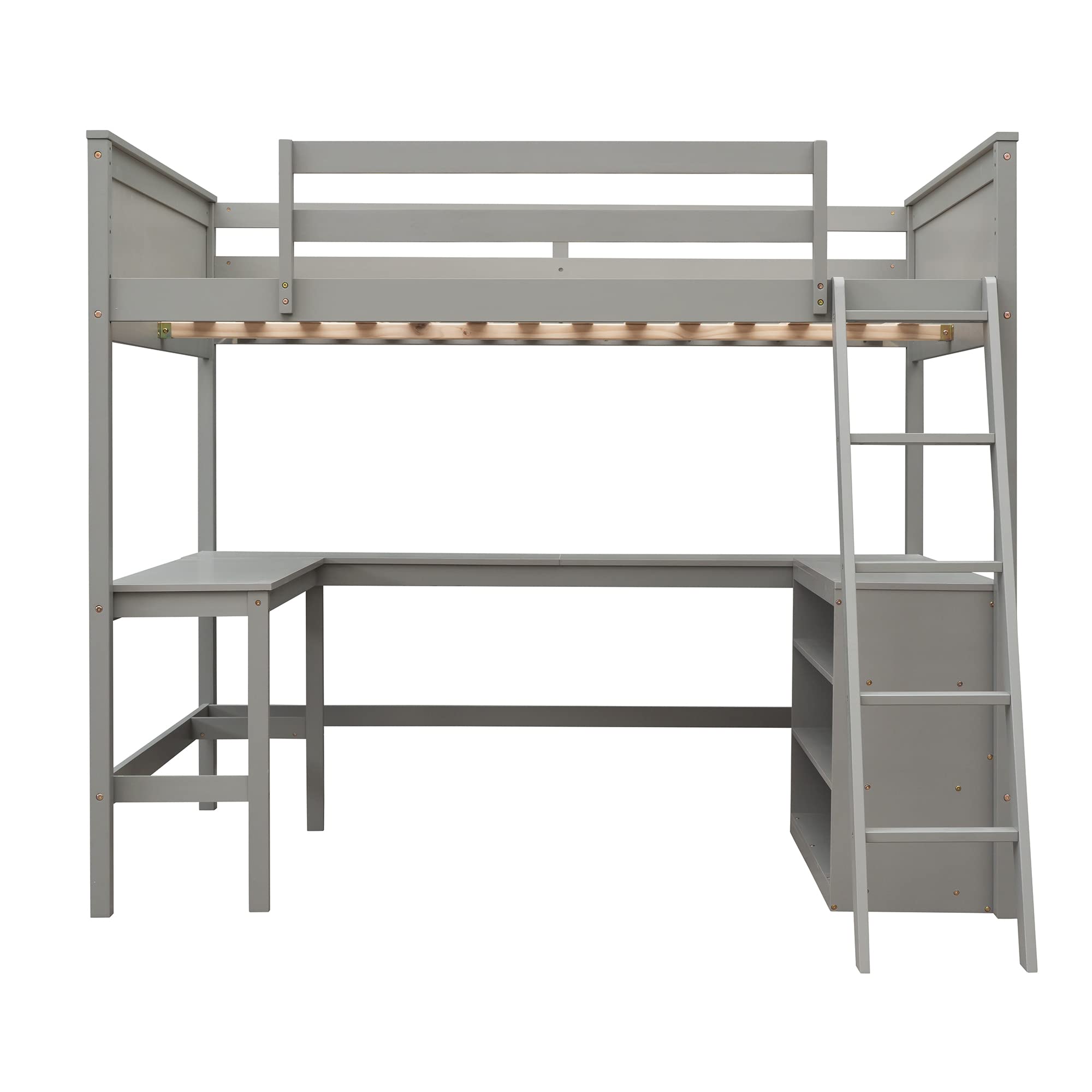 Full Size Loft Bed with Desk & Shelves - Space-Saving Wooden Bed for Kids Teens Adults - Perfect for Small Rooms & Dorms (Gray)