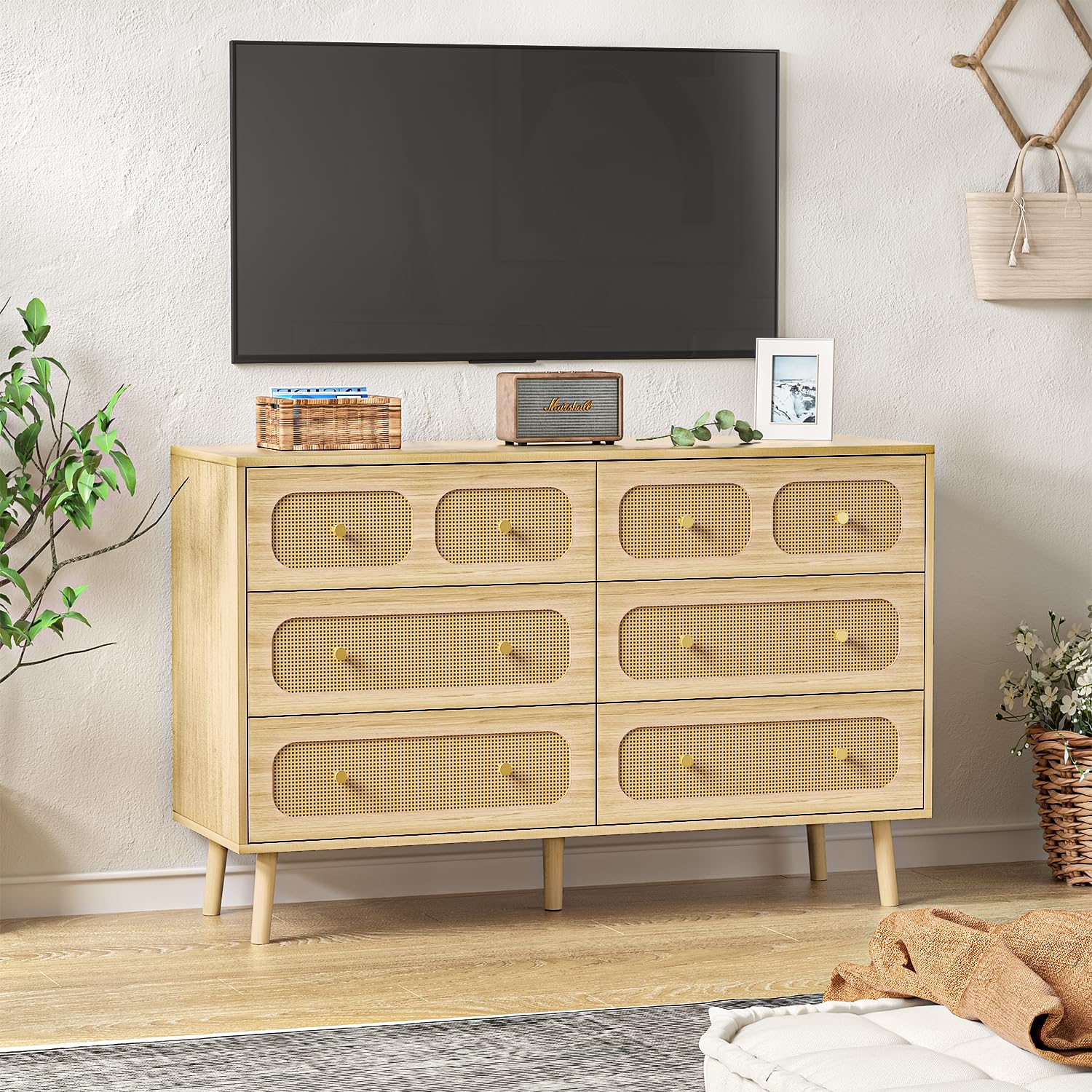Modern Rattan Dresser for Bedroom - 6 Drawer Double Dresser with Gold Handles, Natural Wood Storage Chest - Perfect for Bedroom Organization & Home Decor