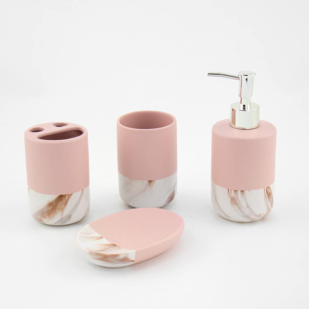 Premium 4-Piece Marble Bathroom Set - Modern Vanity Countertop Organizer with Toothbrush Holder, Soap Dispenser, Soap Dish & Tumbler - Elegant Pink Home Decor for Spa-Like Luxury Bathroom Experience
