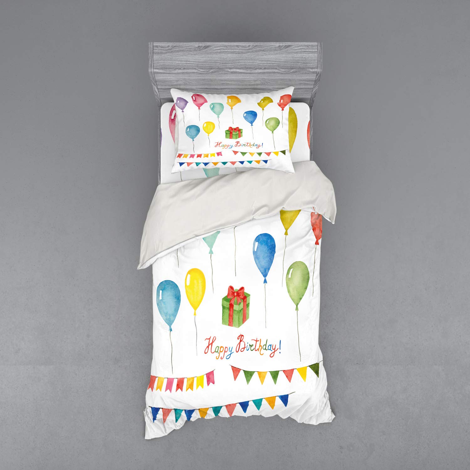 Ambesonne Watercolor Birthday Bedding Set - 3 Piece Duvet Cover with Sham & Fitted Sheet, Twin XL Size, Multicolor Celebration Design with Flags, Balloons & Wishes | Perfect for Birthday Surprise Decorations & Party Room Makeover
