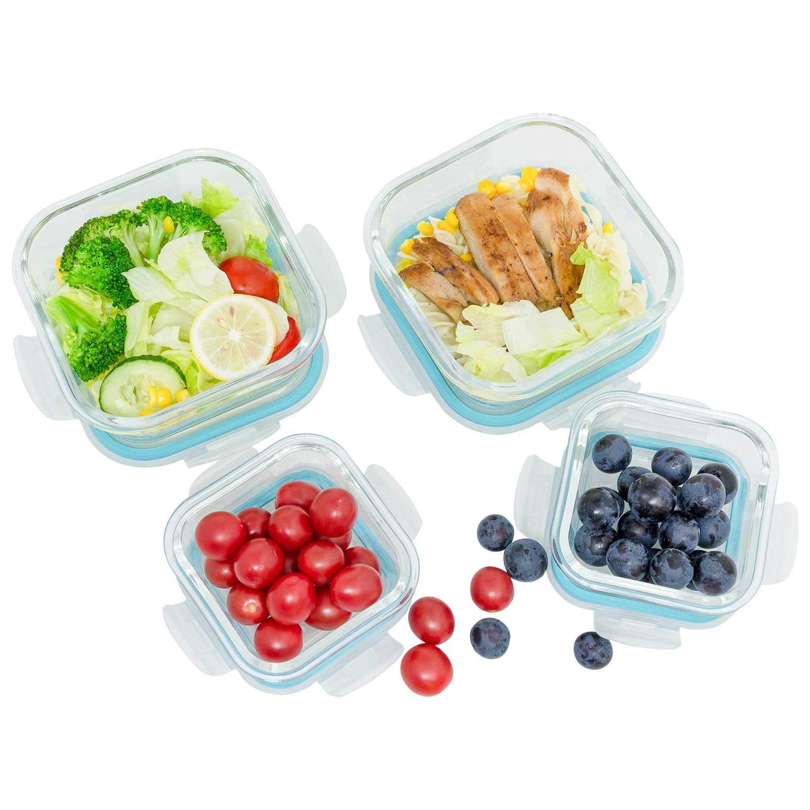 Premium 4-Pack Airtight Glass Food Storage Containers with Lids - Leakproof, Shatter-Resistant & Oven/Dishwasher Safe - Perfect for Meal Prep, Leftovers & Pantry Organization (Blue)