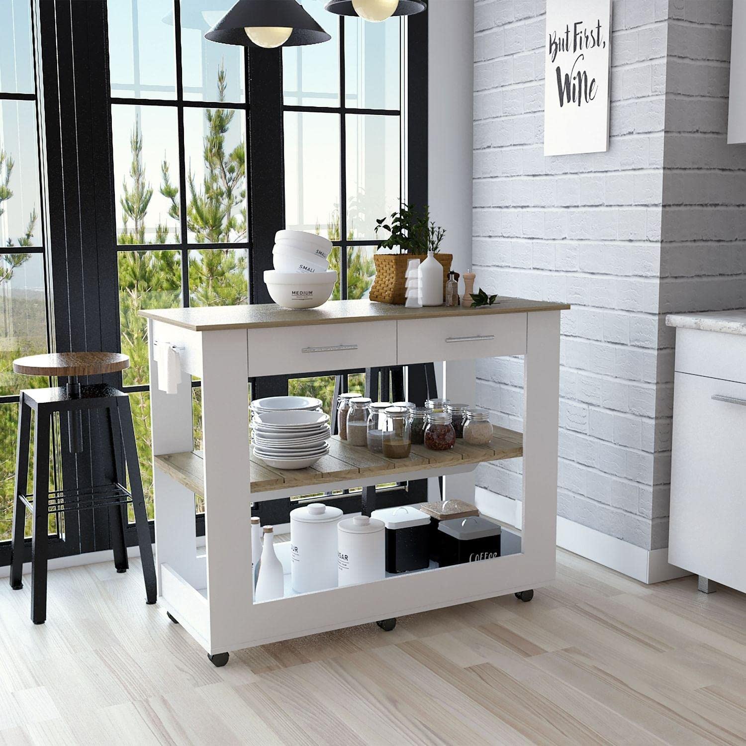 Delos 46 Inch Kitchen Island with 6 Heavy Duty Casters, 2 Spacious Drawers & Open Shelves - White/Light Oak Finish | Perfect for Small Kitchens, Breakfast Bars & Extra Storage Space