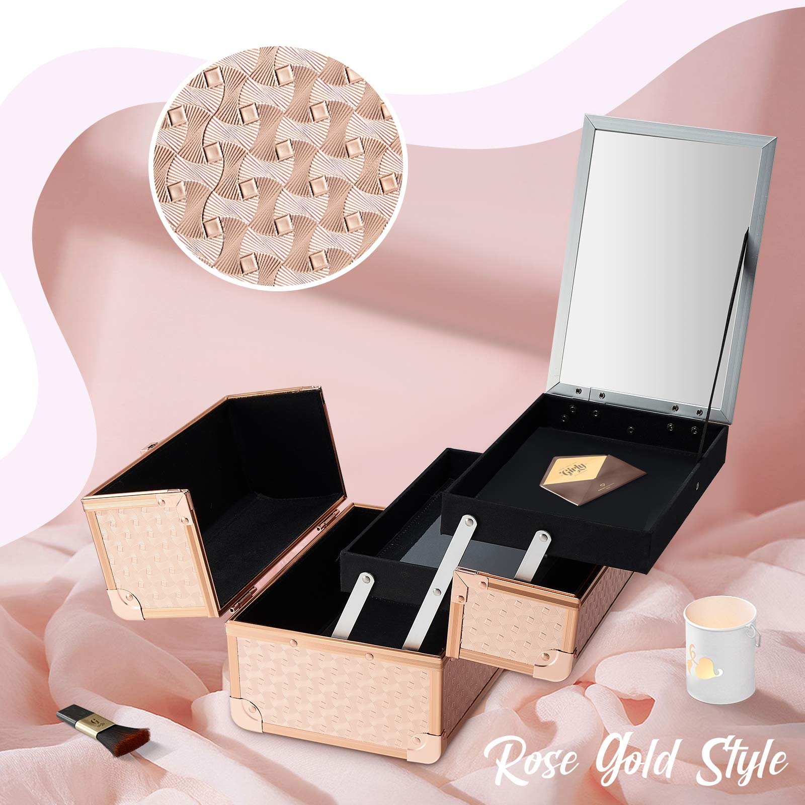 Joligrace Beauty Makeup Train Case - Portable Cosmetic & Jewelry Organizer with Lock, Keys & Mirror | 2-Tier Storage Box with Handle | Rose Gold | Perfect for Travel, Salon & Home Organization