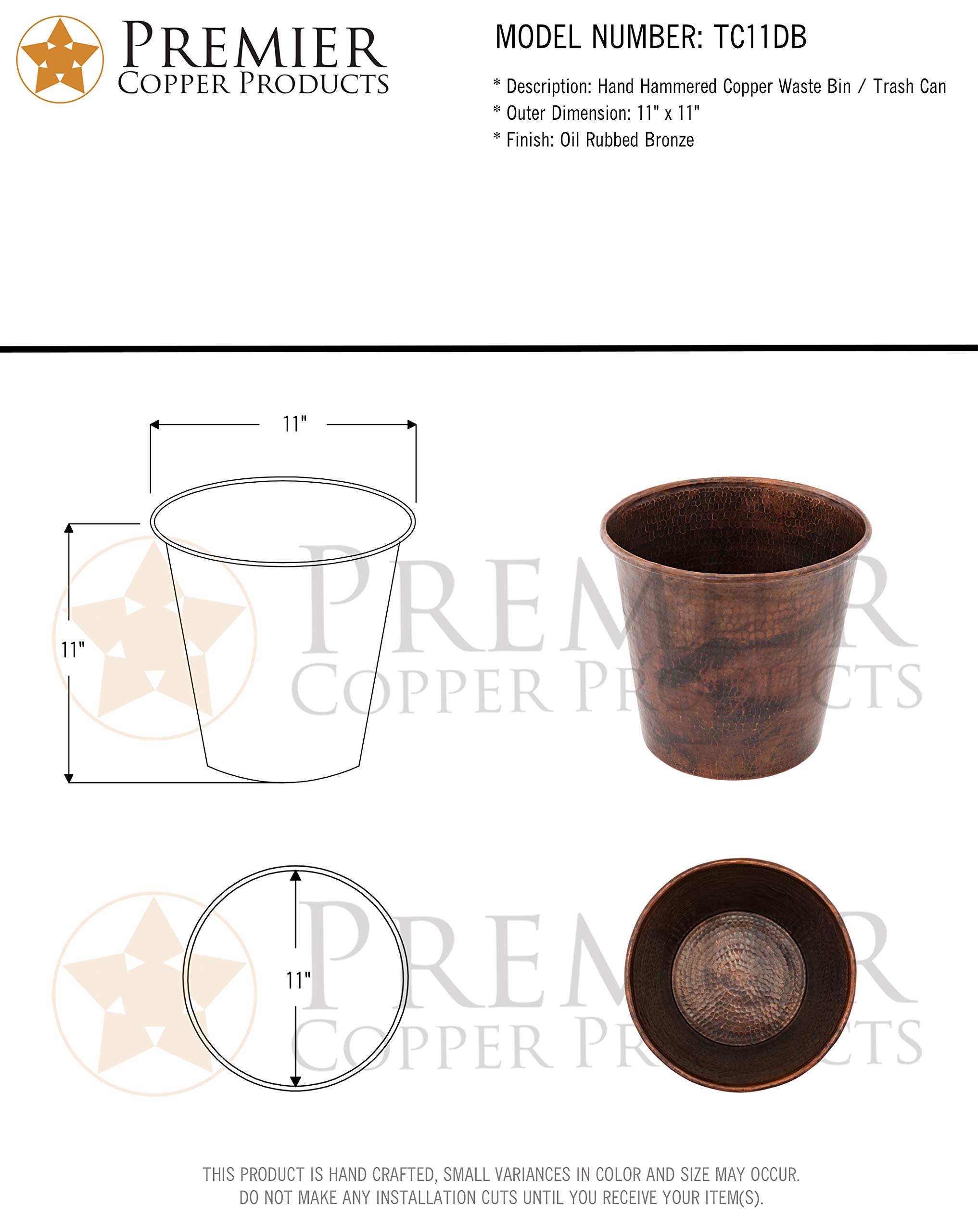 Premier Copper Products TC11DB Hand Hammered Copper Trash Can - Oil Rubbed Bronze Finish | Elegant Waste Bin for Home, Office & Luxury Spaces