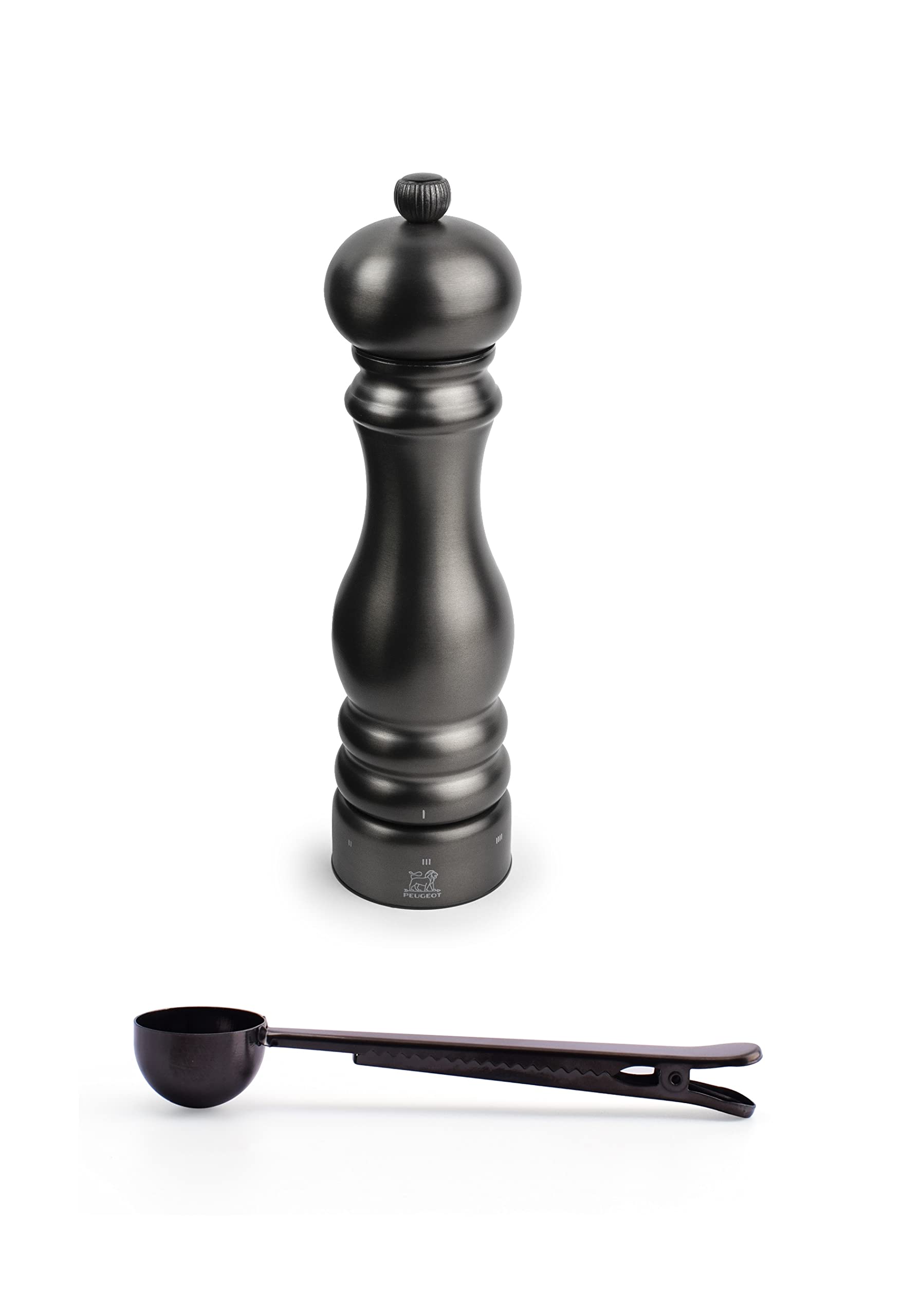 Premium Peugeot Paris Chef Carbone u'Select 9 Inch Stainless Steel Pepper Mill with Carbon Finish - Includes Spice Scoop & Bag Clip - Perfect for Kitchen, Dining & Gourmet Cooking