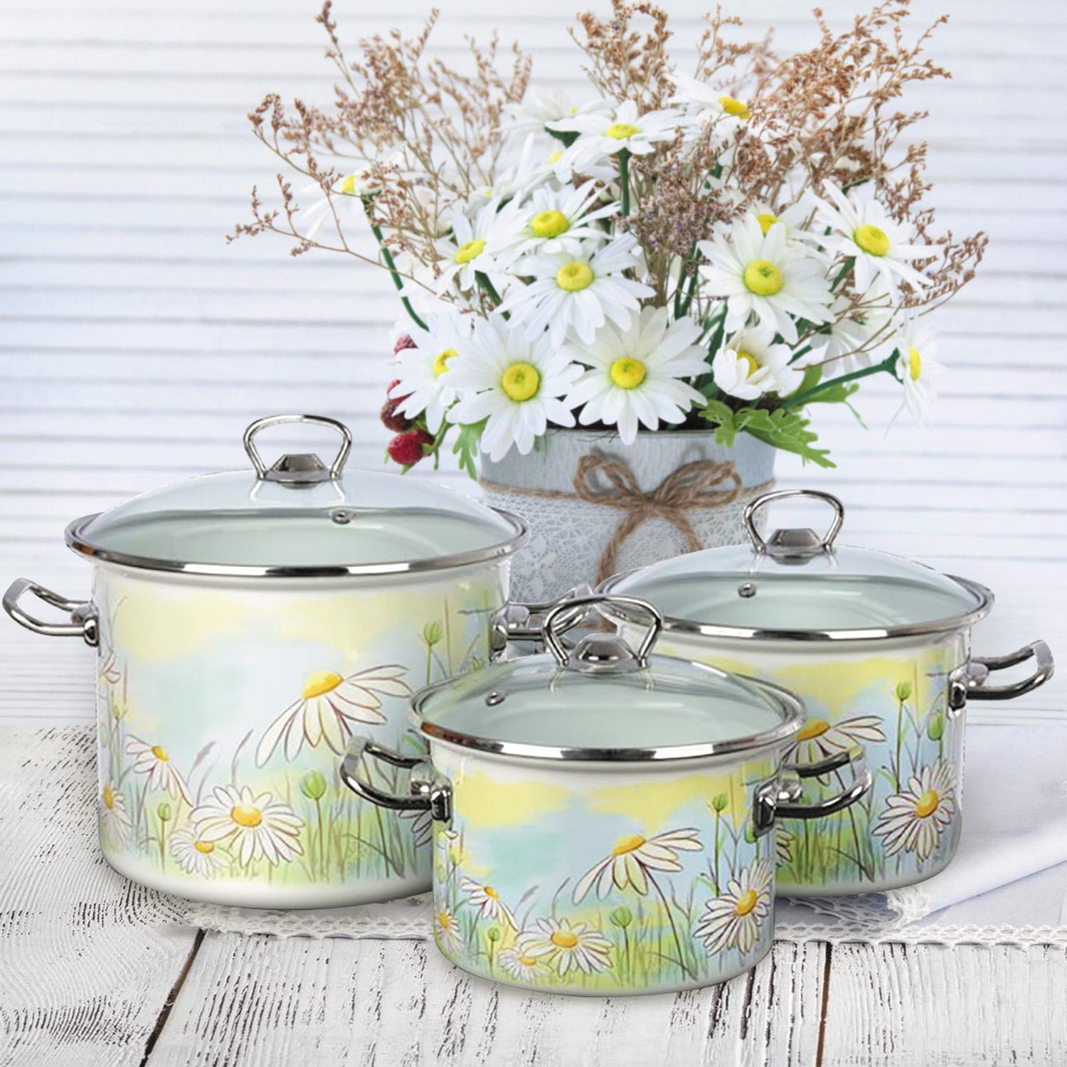 Daisy Fields Enameled Steel Stock Pot Set - 3-Piece Kitchen Cookware for Soup, Stew & Pasta | Stovetop & Oven Safe Cooking Pots