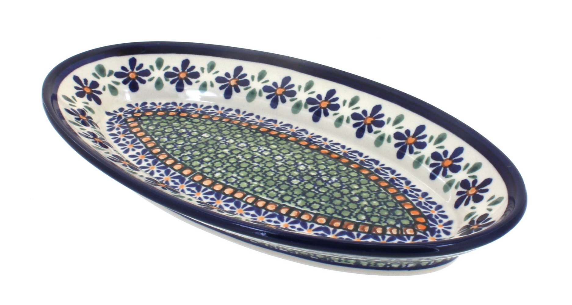 Handmade Blue Rose Polish Pottery Mosaic Flower Small Oval Platter - Elegant Serving Dish for Appetizers, Desserts & Home Decor