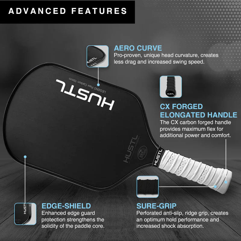 HUSTL Legend Gen 2 16mm Raw Carbon Fiber Pickleball Paddle - Lightweight & Durable for Competitive Play & Outdoor Games