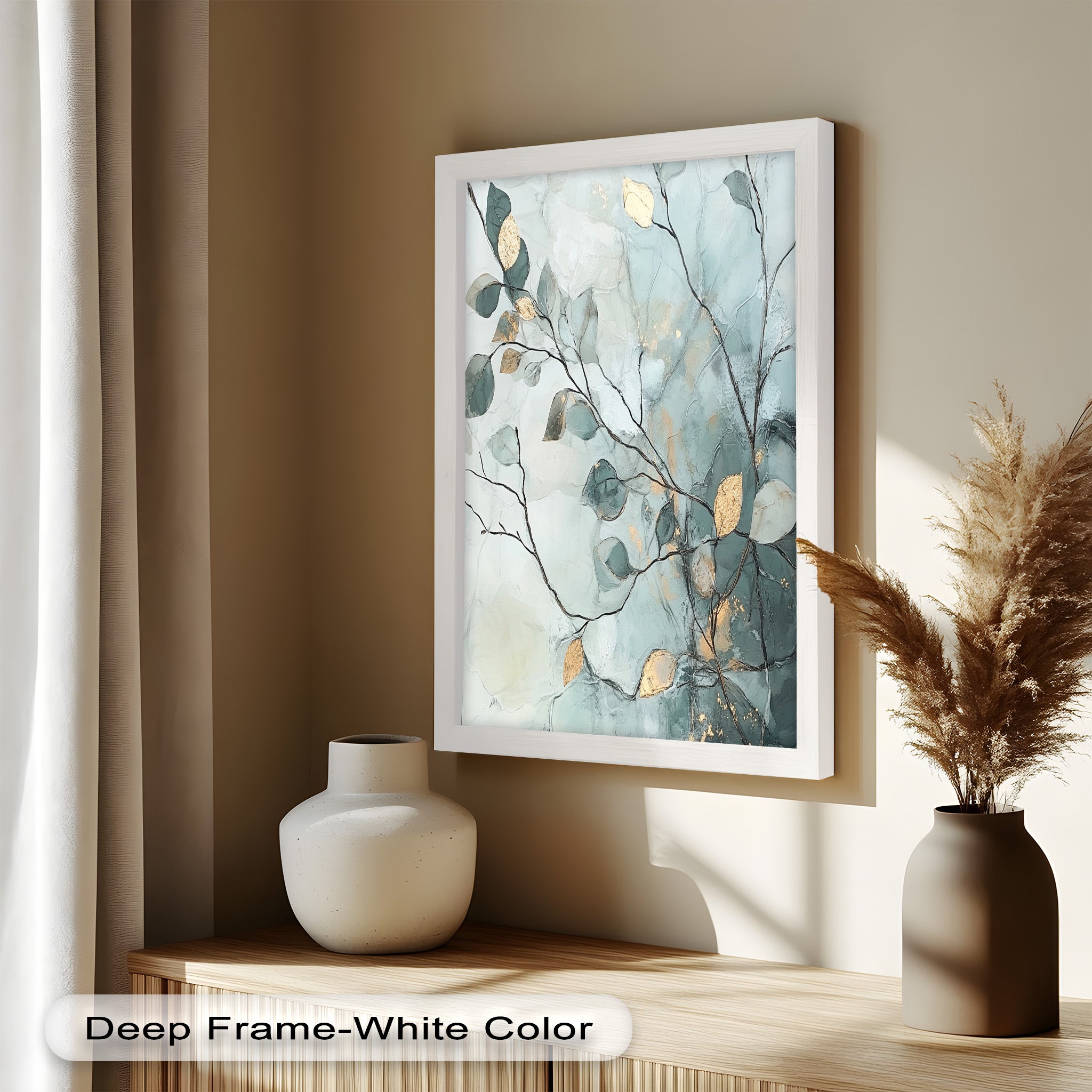 Blue and Metallic Leaf Branch Abstract Oil Painting - Handmade Canvas Wall Art for Living Room, Bedroom & Office Decor