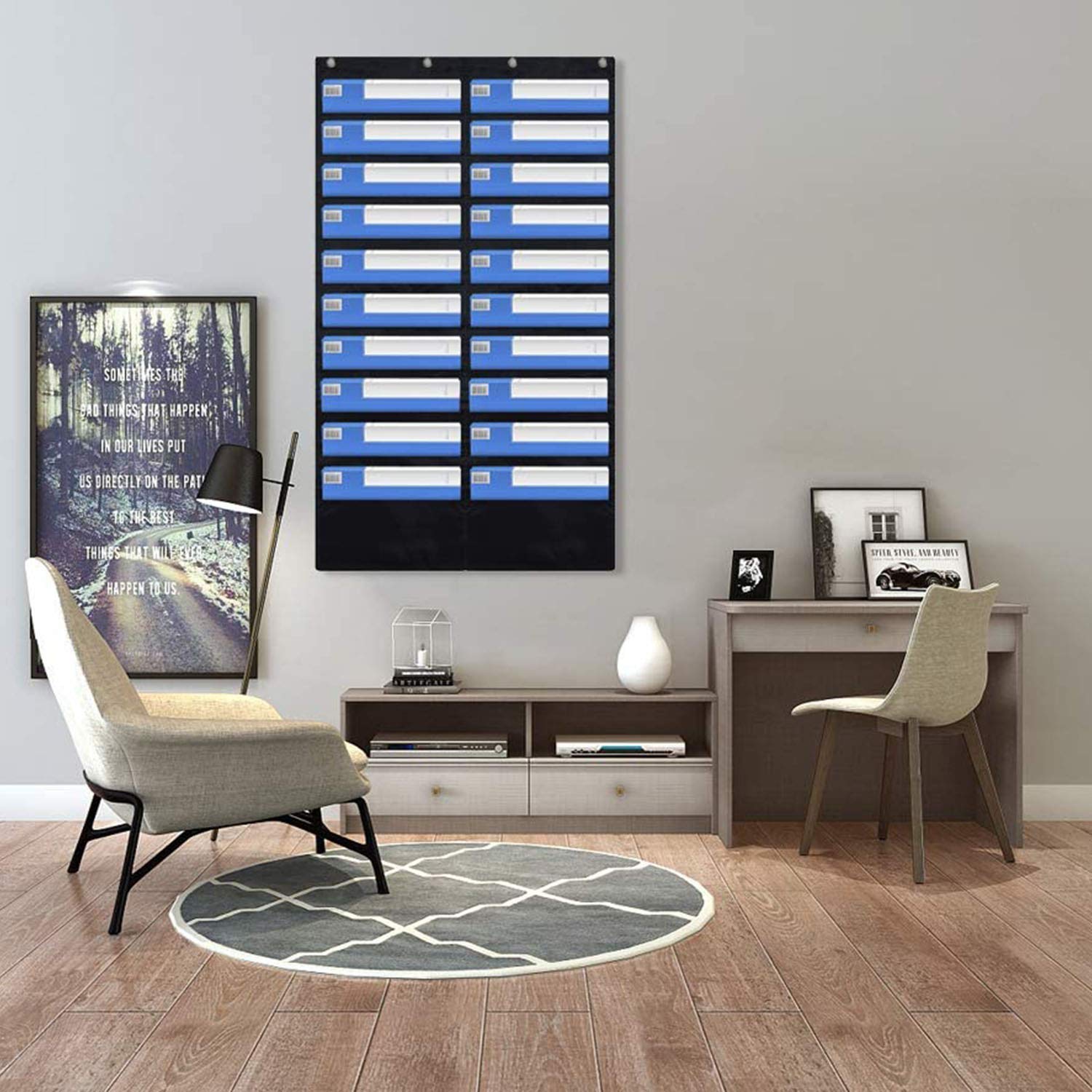 20-Pocket Hanging File Organizer Rack - Wall Mount or Over The Door Storage for Office, Home & Classroom - Perfect for Files, Wrapping Paper, Magazines & Art Supplies with 4 Metal Hooks - Space-Saving Vertical Desktop & Wall Decoration Solution