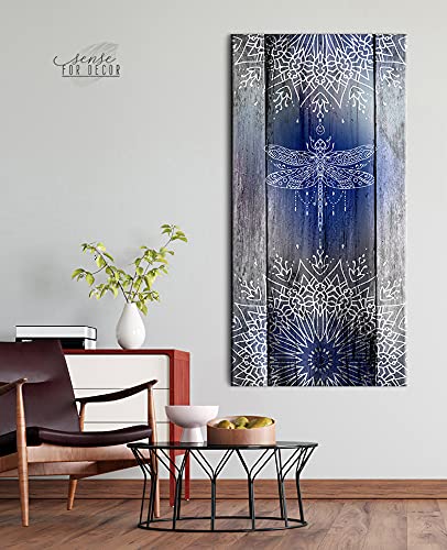 Boho Dragonfly Sign - Large Canvas Wall Art with Bohemian Floral Pattern, Modern & Rustic Home Decor - Framed Wall Art for Living Room, Bedroom, or Office (Blue Grey, 60 x 27 Inches)