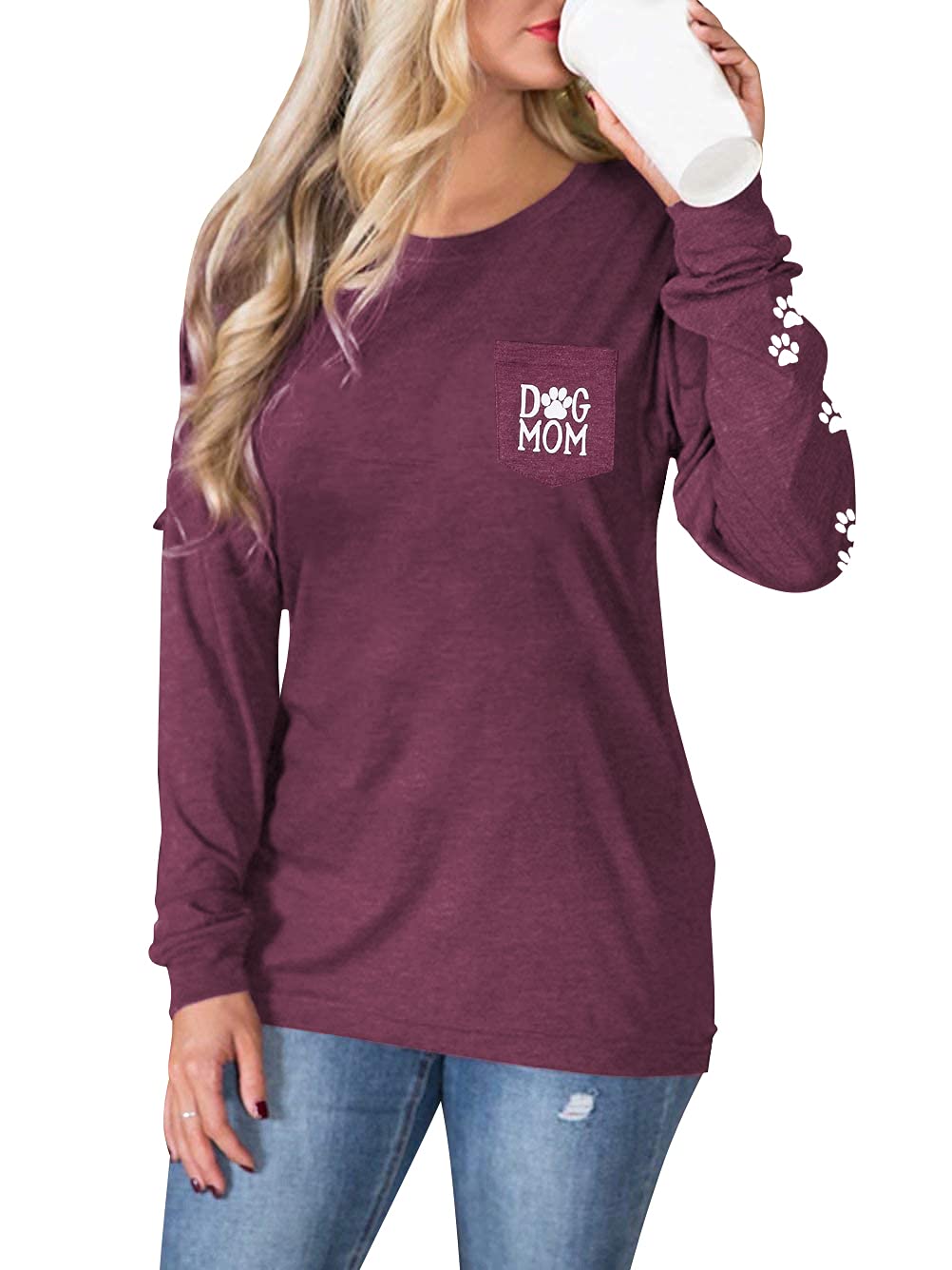 Dog Mom Pullover - Cute Dog Lover Graphic Tee with Paw Print Design & Patch Pocket | Women's Casual Long Sleeve Shirt for Dog Owners | Perfect for Pet Lovers, Dog Walks & Cozy Outfits