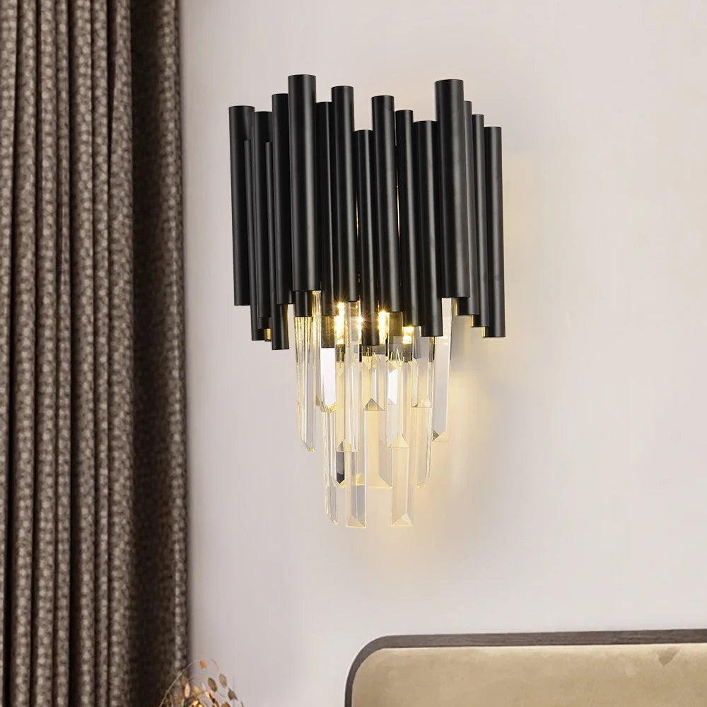Finn Black Modern Crystal Wall Light – Elegant LED Sconce for Bedroom, Living Room, and Hallway Lighting