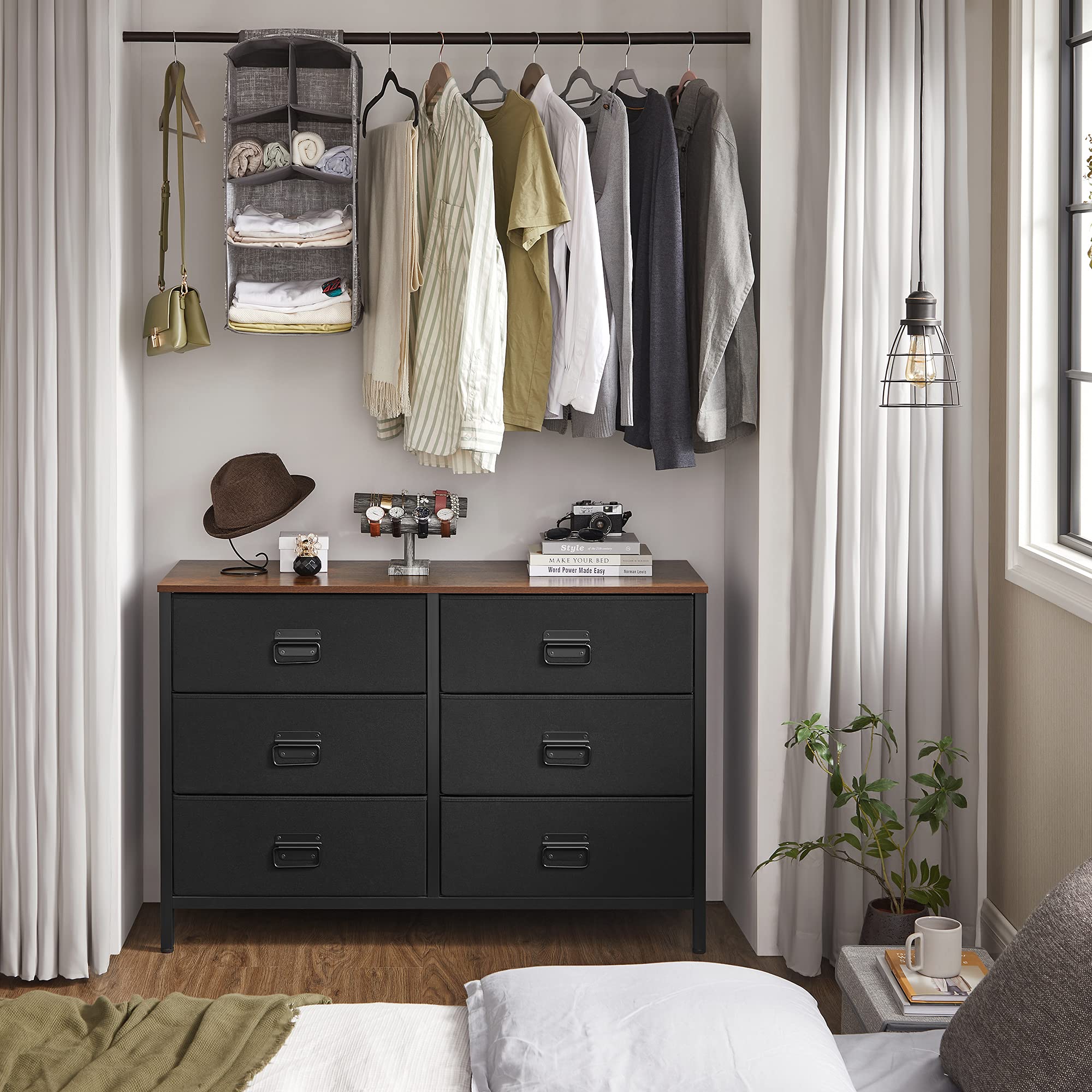 SONGMICS 6-Drawer Fabric Dresser for Bedroom, Rustic Brown & Black Storage Organizer with Steel Frame - Perfect for Bedroom, Living Room, Entryway Closet Organization | ULTS223B01