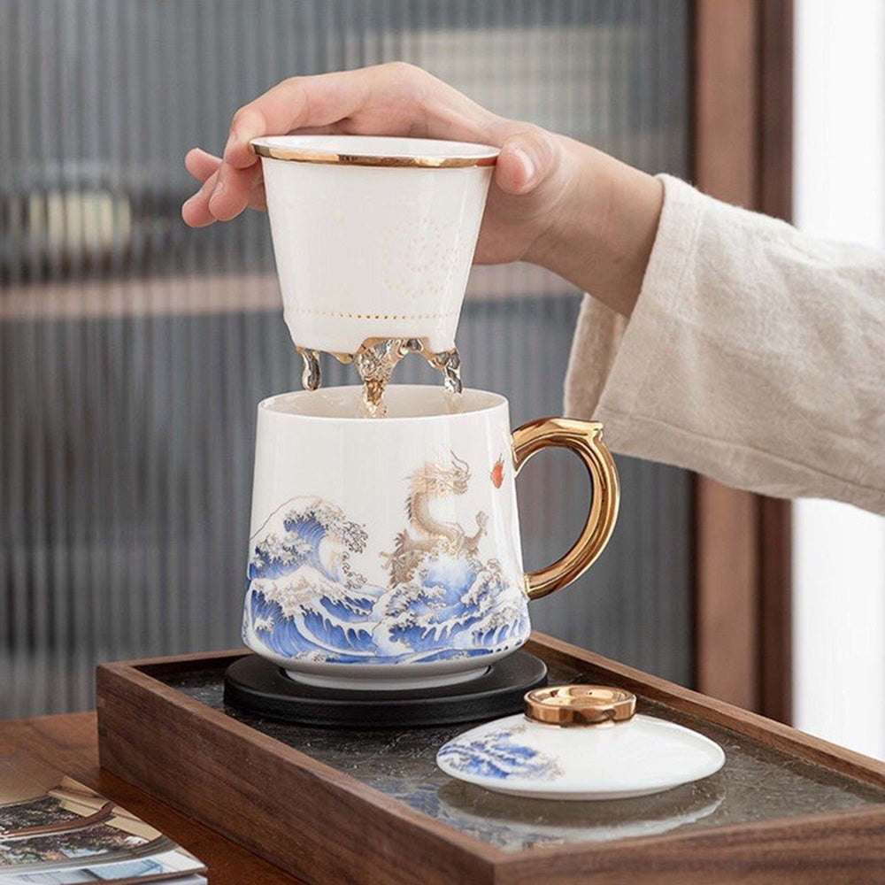 Exquisite Dragon & Sea Wave Jade Porcelain Tea Cup - Handcrafted Chinese Ceramic Tea Set for Gongfu Tea Ceremony, Home Decor & Gift