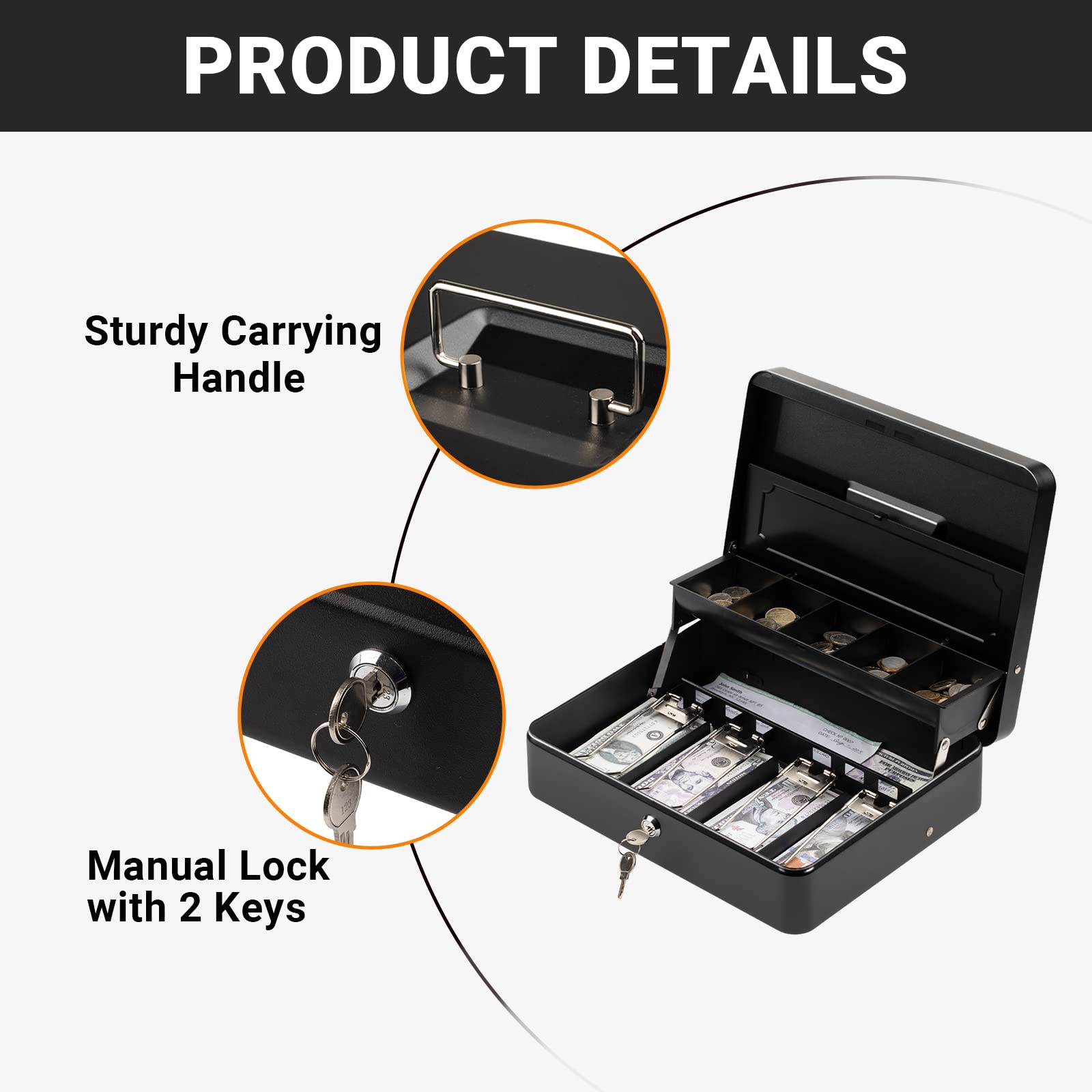 Tera Cash Box with Key Lock - Large Anti-Theft Money Safe Box with 4 Bill & 5 Coin Trays (11.8x9.4x3.5 Inches) - Secure Storage for Small Business, Home, Yard Sales & Retail Stores - Durable Design with Rounded Corners