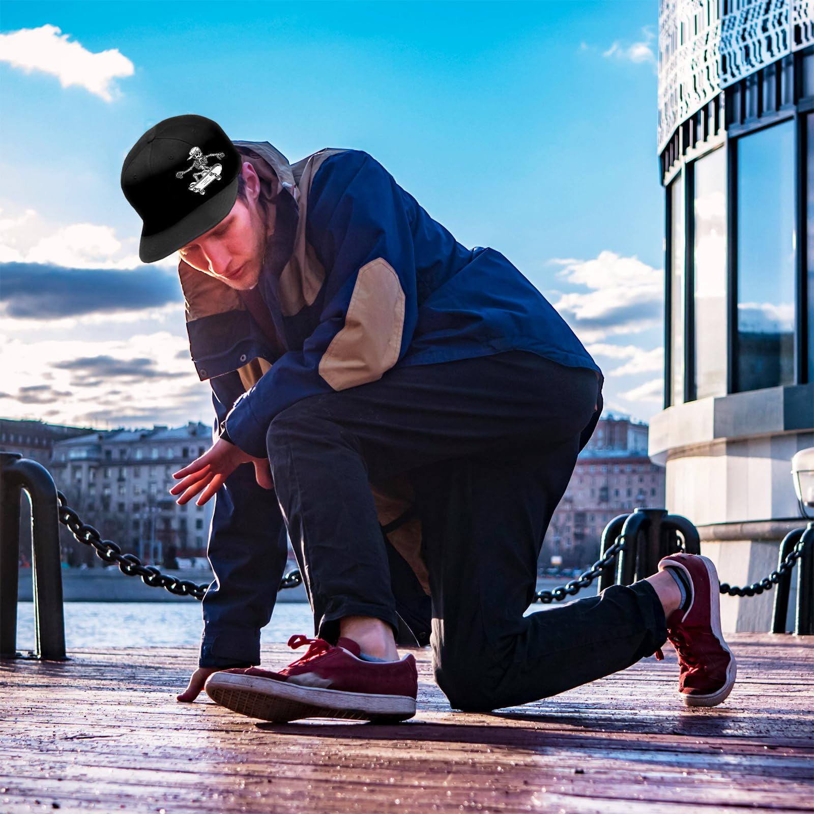 Men's Snapback Hats - Black Flat Bill Skull Baseball Cap with Adjustable Strap | Stylish Streetwear for Casual Outfits & Sports Events