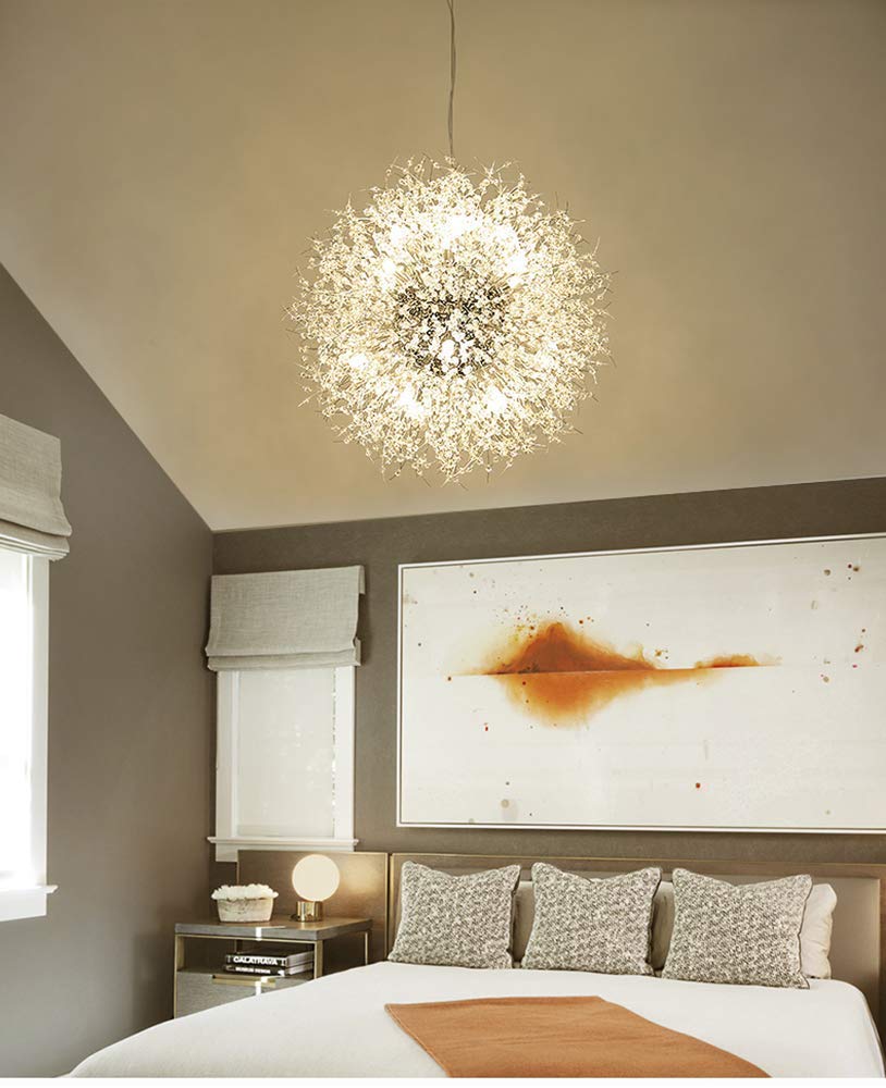 Modern Crystal Chandelier - Chrome Firework Dandelion Sputnik Pendant Light Fixture, 16-Light Dining Room Chandelier for Bedroom, Kitchen & Living Room Lighting | Elegant Home Decor for Parties & Romantic Dinners