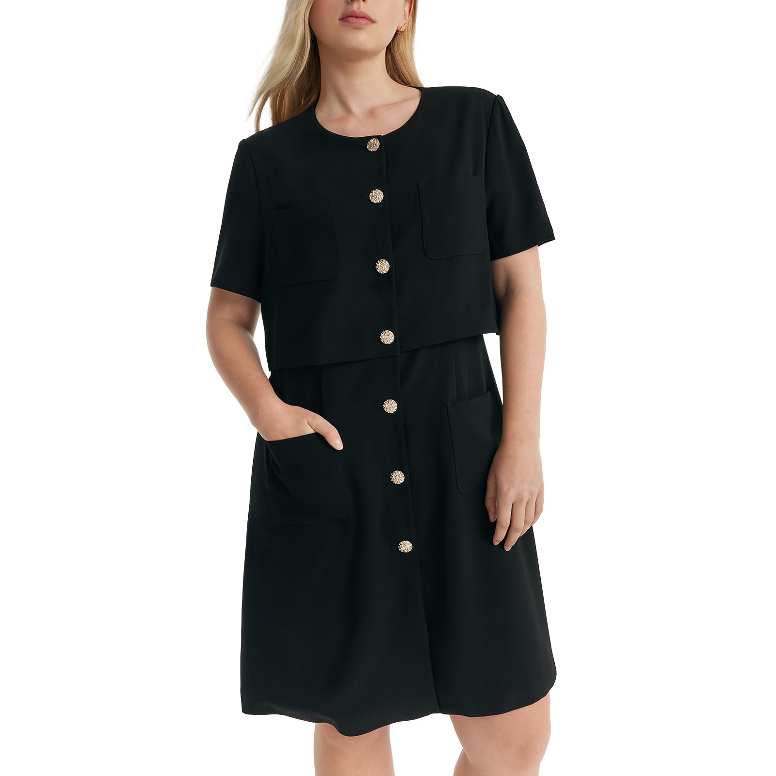 Women's Triacetate Black Mini Dress - Business Casual A-Line V-Neck Button Front Dress for Office Work & Teaching | Perfect for Professional Meetings, Office Parties & Smart Casual Events