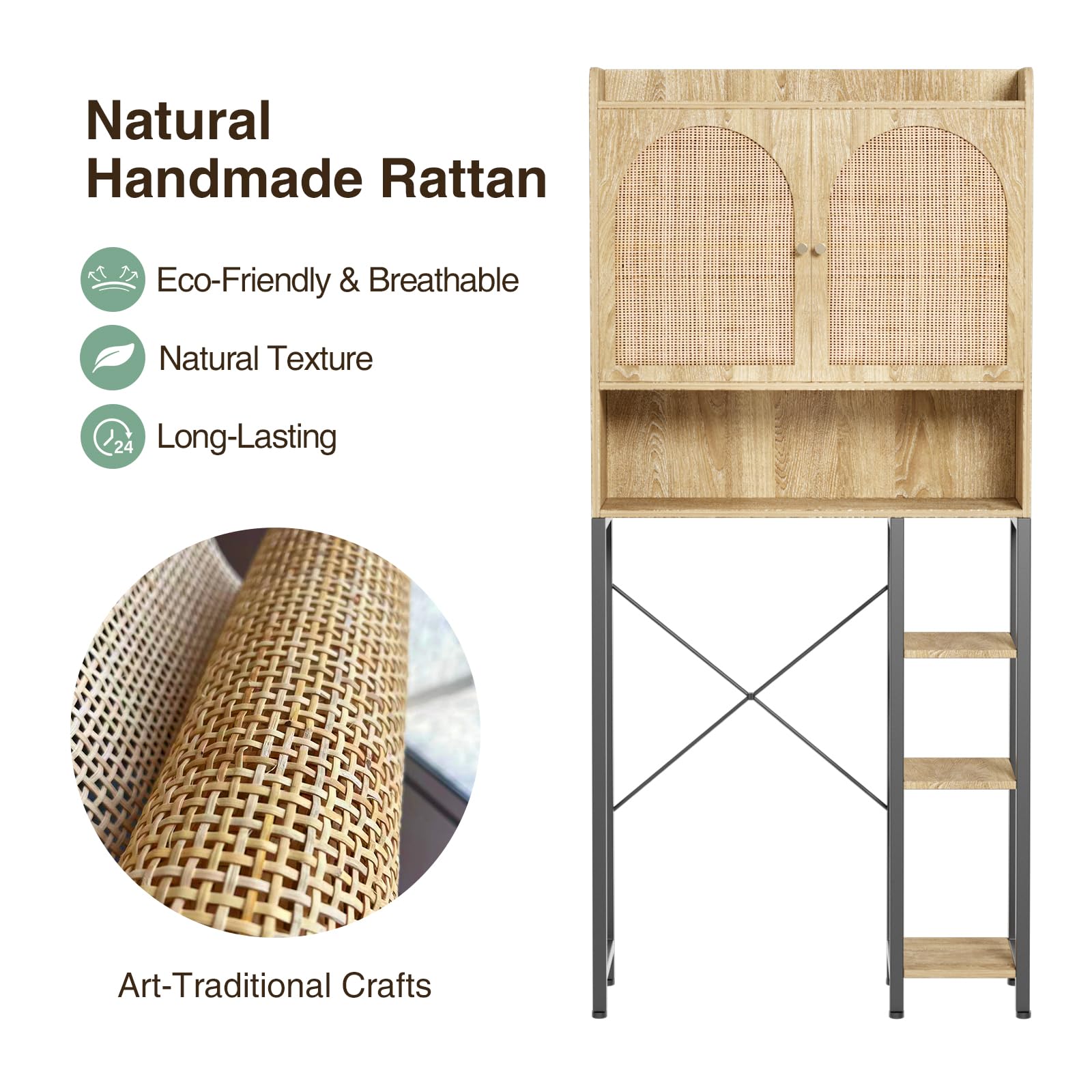 Rattan Over The Toilet Storage Cabinet with Adjustable Shelf - Bathroom Organizer with Large Space, Metal Stand & Natural Rattan Door - Tall Storage Shelves for Toilet Paper, Towels & Bath Essentials - Perfect for Small Bathrooms & Space-Saving Solutions