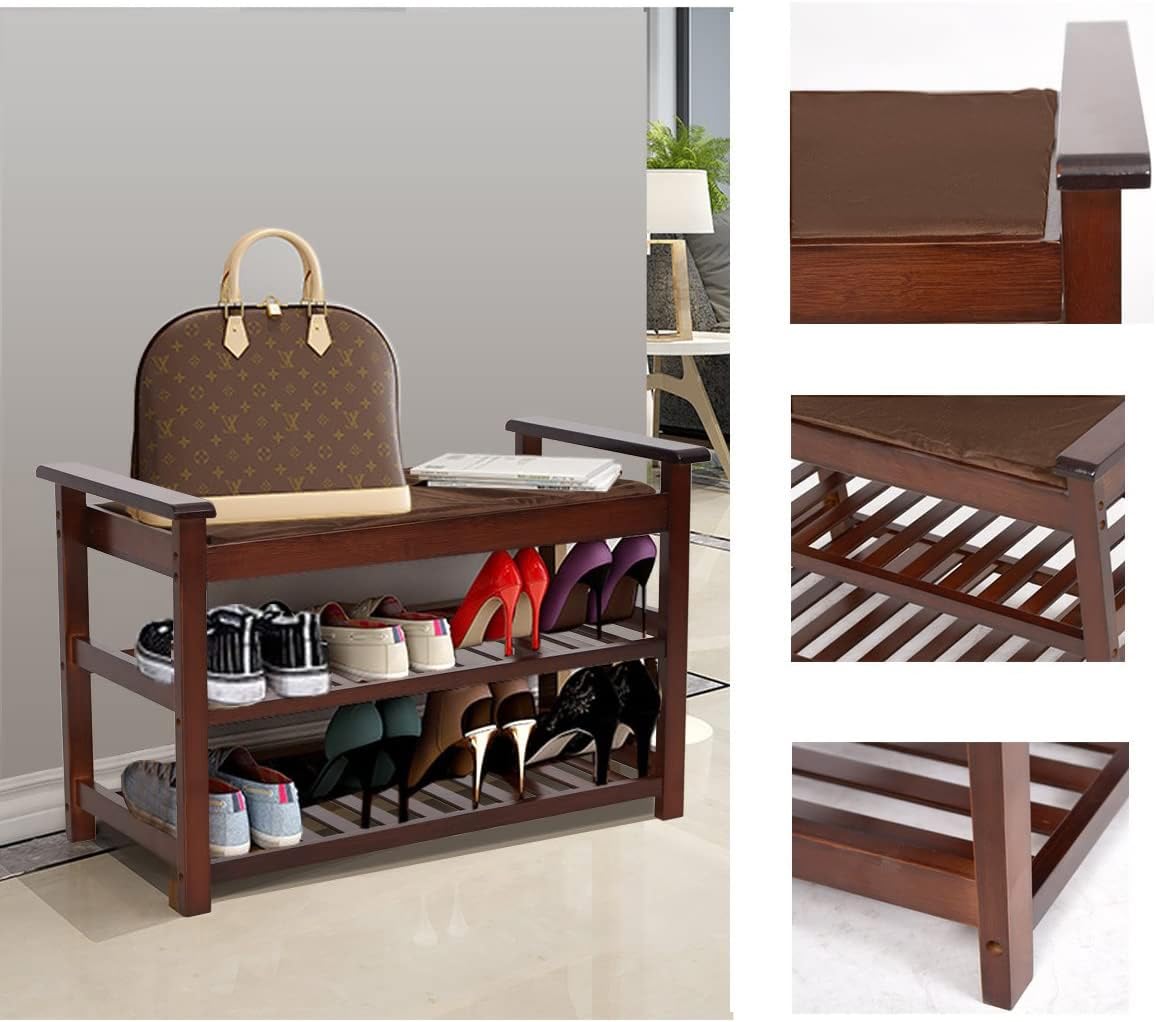2-Tier Bamboo Shoe Rack Bench with Cushion - Sturdy Entryway Storage Organizer for Shoes | Hallway, Bathroom & Living Room Seating Solution | Space-Saving Shoe Stool for Small Spaces (Brown)