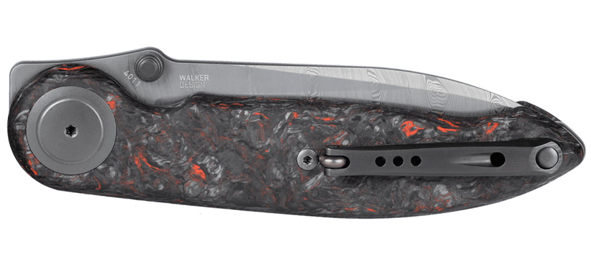 CRKT 4011 Pursue Michael Walker Liner Lock Folding Knife - Twist Damasteel Drop Point Blade, Contoured Red Dark Matter FatCarbon Handles & Mother of Pearl Pivot - Perfect for EDC, Camping, Hunting and Outdoor Adventures