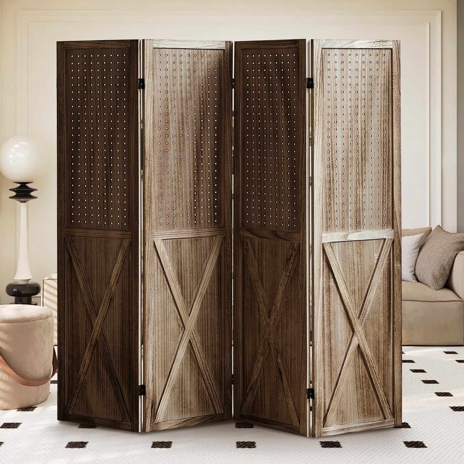 Wooden 4-Panel Folding Room Divider with Pegboard - 5.6Ft Portable Privacy Screen & Display Organizer for Jewelry, Crafts, Art Shows - Perfect for Home Office, Retail Stores & Event Displays (Brown)