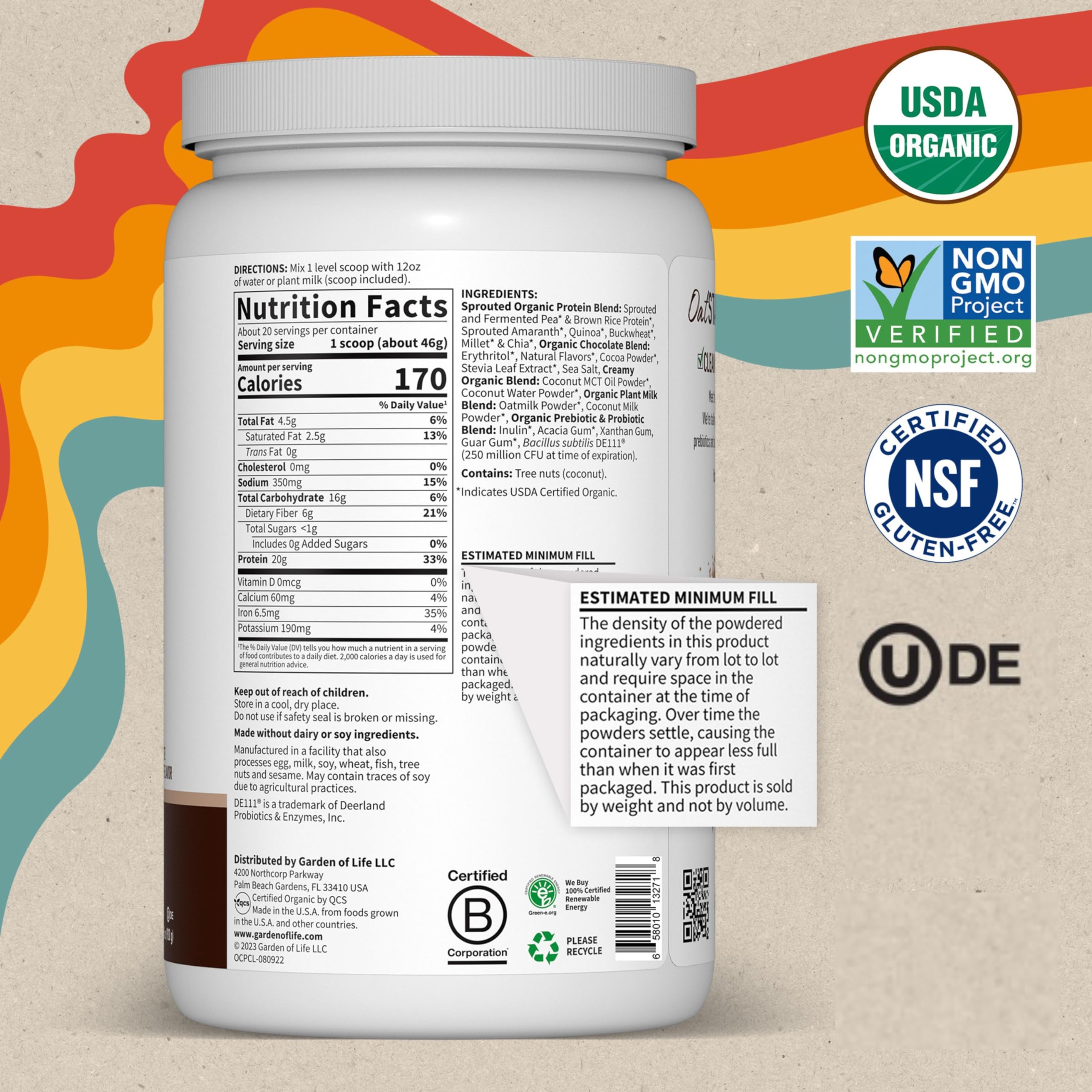 Garden of Life Creamy Organic Vegan Protein Powder with OatMilk - 20g Complete Plant-Based Protein, Coconut Water, MCTs, Sprouted Grains, Prebiotics & Probiotics - Gluten-Free Chocolate Brownie Flavor (2 LBS) | Perfect for Post-Workout Recovery, Smoothies & Healthy Breakfasts