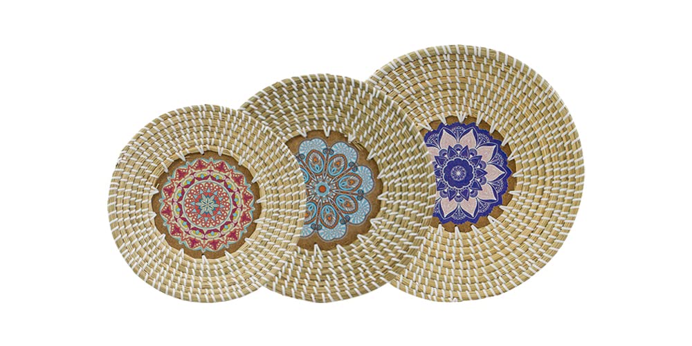 Set of 3 Boho Woven Hanging Wall Baskets - Natural Rattan & Seagrass Wicker Decor for Home, Kitchen, or Office - Perfect for Fruit Bowls, Serving Trays, and Decorative Wall Plates