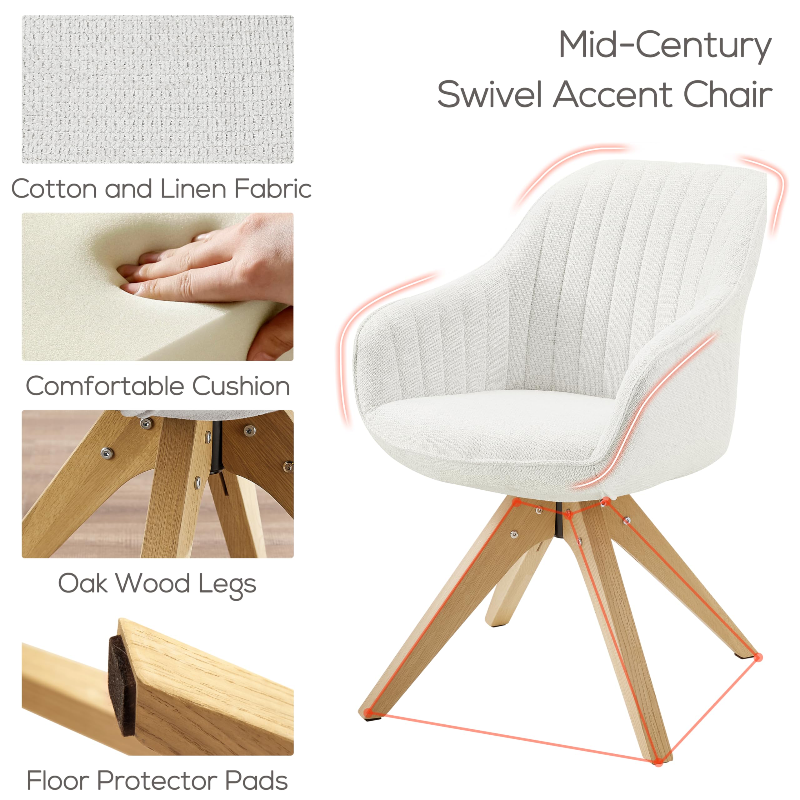 Art Leon Mid Century Modern Swivel Dining Chair - Upholstered Fabric with Oak Wood Legs, Armchair for Dining Room & Living Room - Off White - Perfect for Home Decor, Entertaining & Relaxation