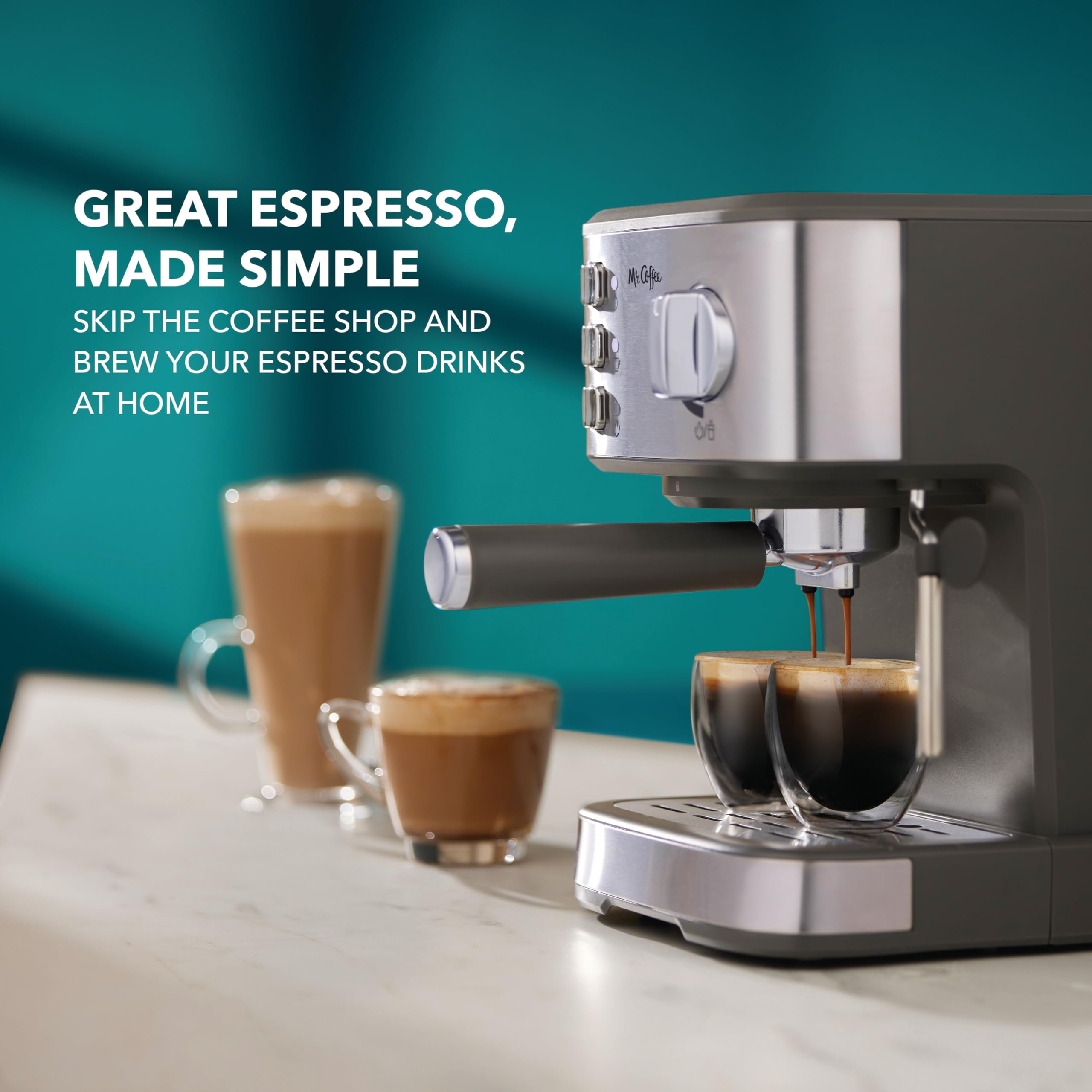 Mr. Coffee Compact Espresso and Cappuccino Machine - 15-Bar Pump Stainless Steel Programmable Coffee Maker with Steam Wand for Home & Office Use | Perfect for Espresso, Latte & Cappuccino Lovers