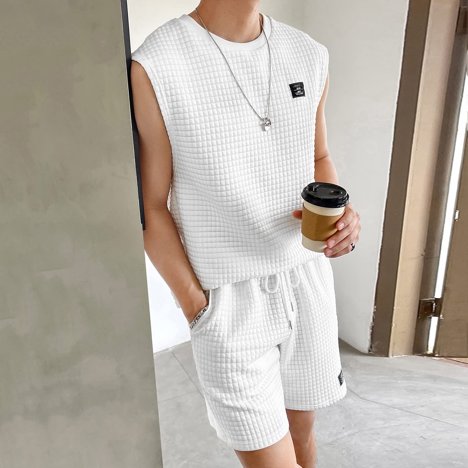 Men's Waffle Knit Tank Top & Shorts 2-Piece Summer Outfit - Breathable Short Sleeve Athletic Set for Gym, Running & Casual Wear