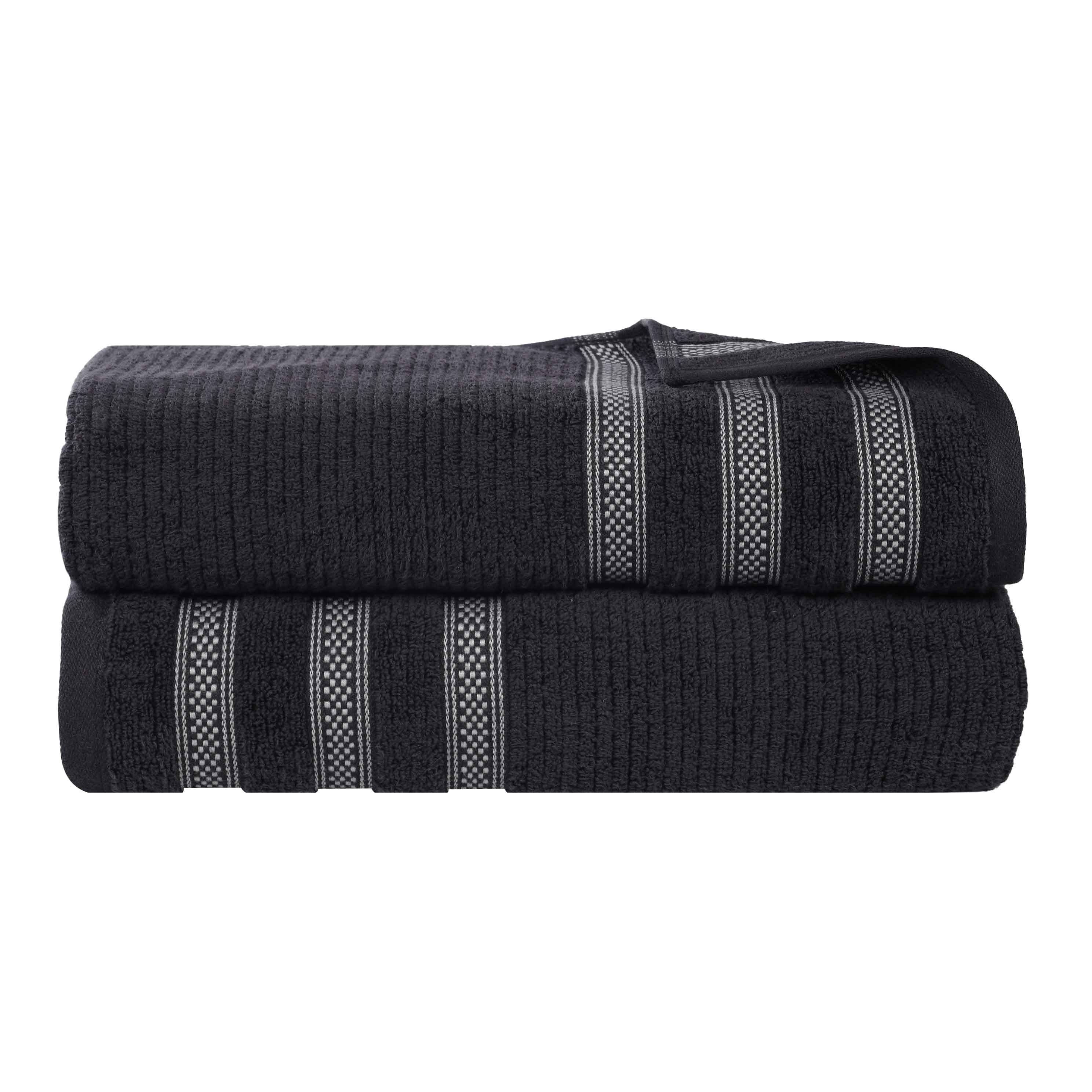 Premium Zero Twist Cotton Ribbed Geometric Border Plush Bath Sheet Set of 2 - Ultra Soft & Absorbent Luxury Towels for Spa, Bathroom & Beach Use