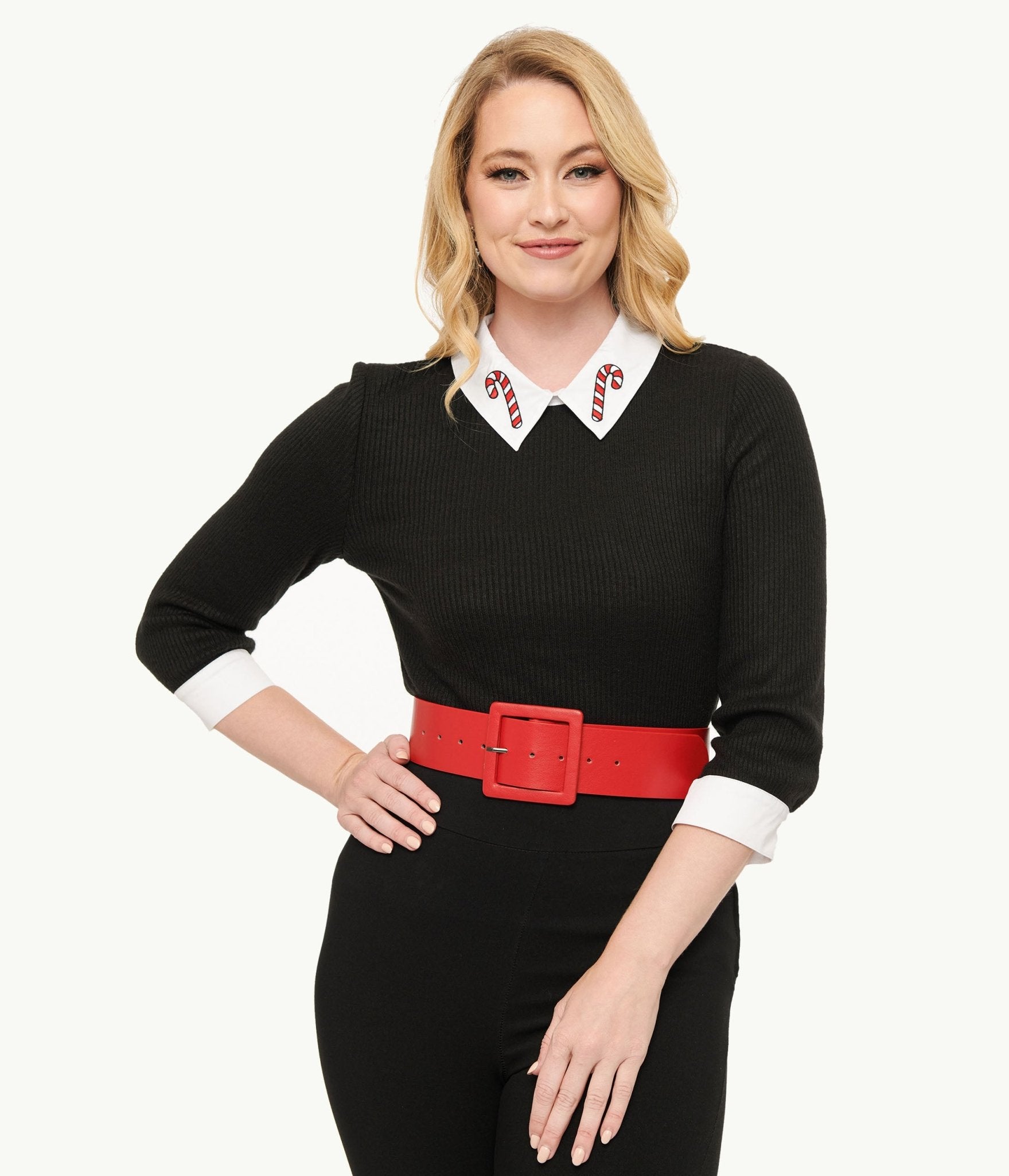Vintage Black & White Candy Cane Print Contrast Sabrina Sweater | Unique Holiday Christmas Pullover | Perfect for Xmas Parties & Cozy Winter Outfits