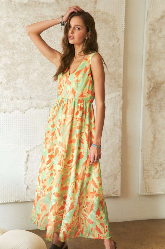 Elegant Abstract Floral Print V-Neck Maxi Dress for Women | Lightweight Summer Beach Dress | Perfect for Vacations, Weddings & Outdoor Events