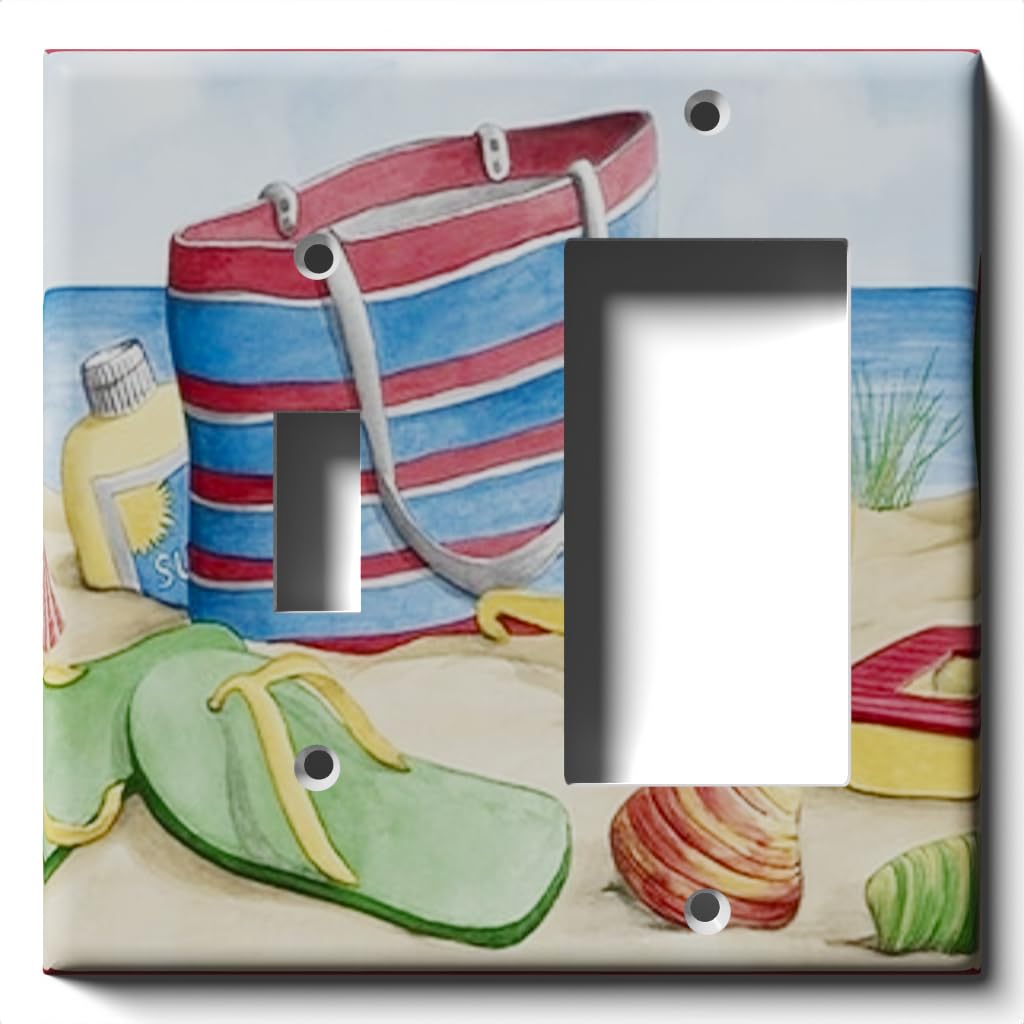 Waterproof Beach Bag Themed Light Switch Cover - Single Toggle/Decora Rocker GFCI Outlet Plate for Bathroom, Poolside & Coastal Home Decor
