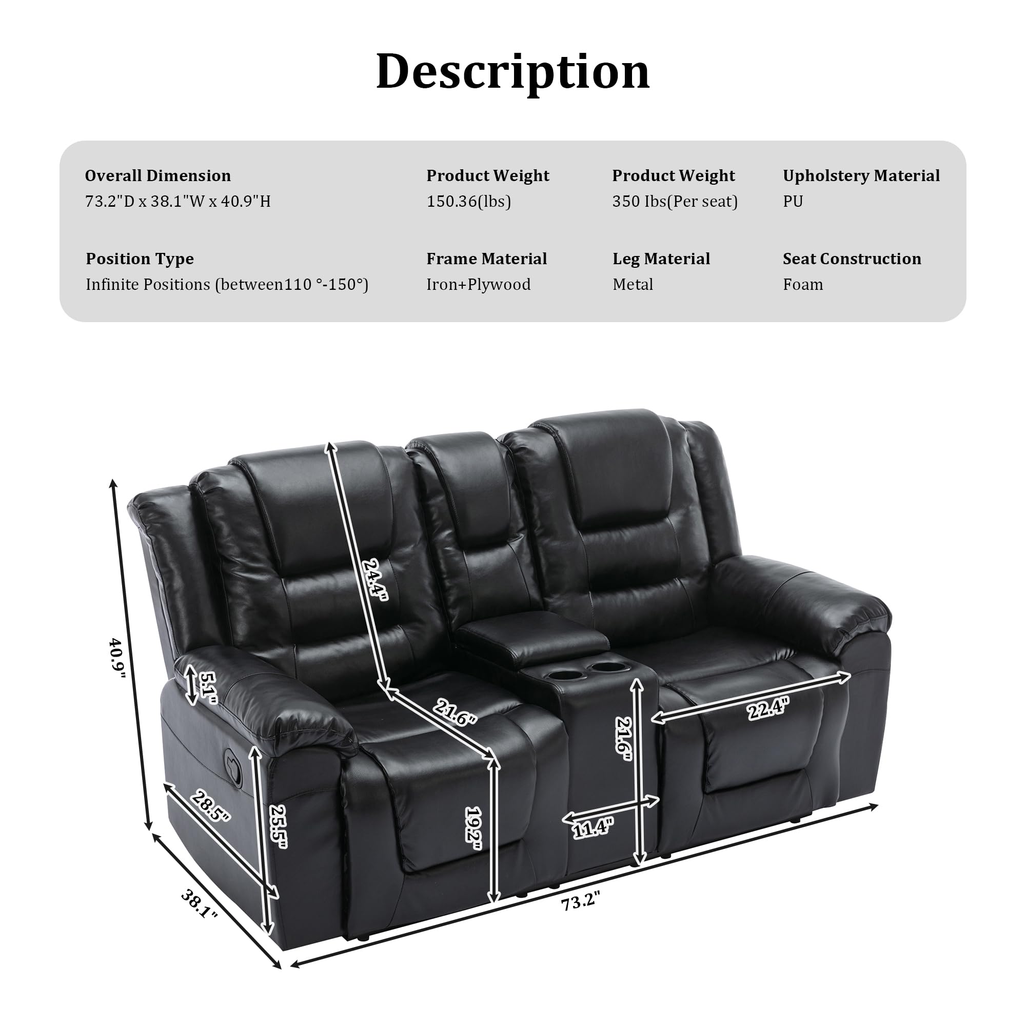 Premium PU Leather Manual Reclining Sofa with Storage & Cup Holders - Comfortable 2-Seater Living Room Furniture for Small Spaces, Modern Home Theater & Game Room Use - Black