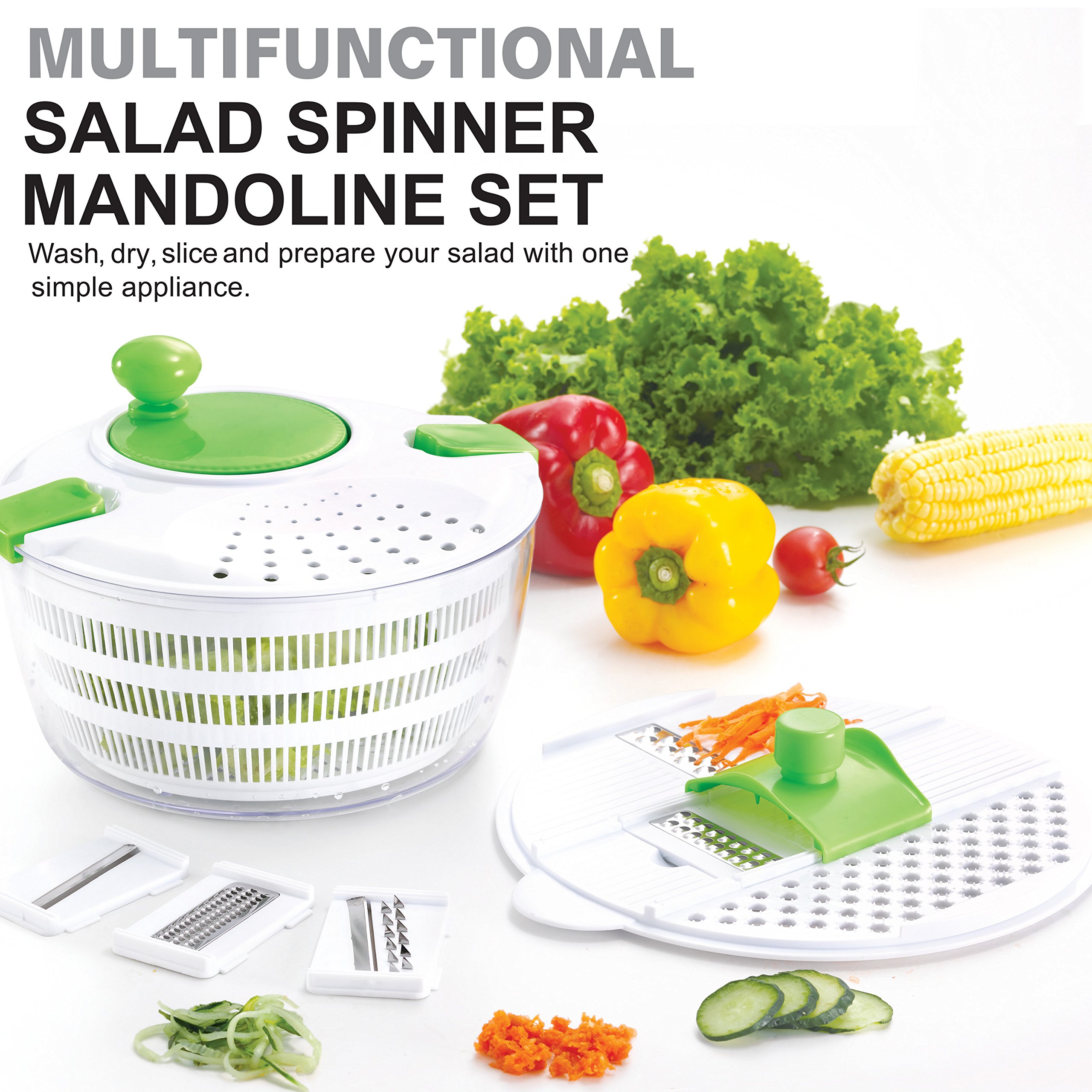 HUJI Salad Spinner and Mandoline Slicer Set - 4L Vegetable Dryer with 6 Blades & Pouring Spout (2 Pack) - Perfect for Kitchen Prep, Healthy Salads & Meal Prepping