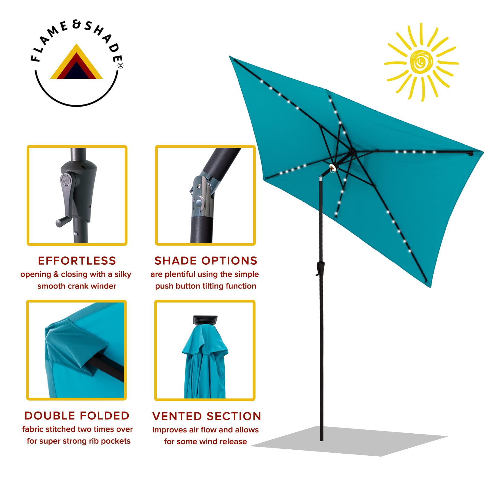 FLAME&SHADE 6.5 x 10 ft Solar Powered Outdoor Patio Umbrella with LED Lights and Tilt - Aqua Blue Rectangular Market Umbrella for Poolside, Backyard, Garden, and Commercial Use