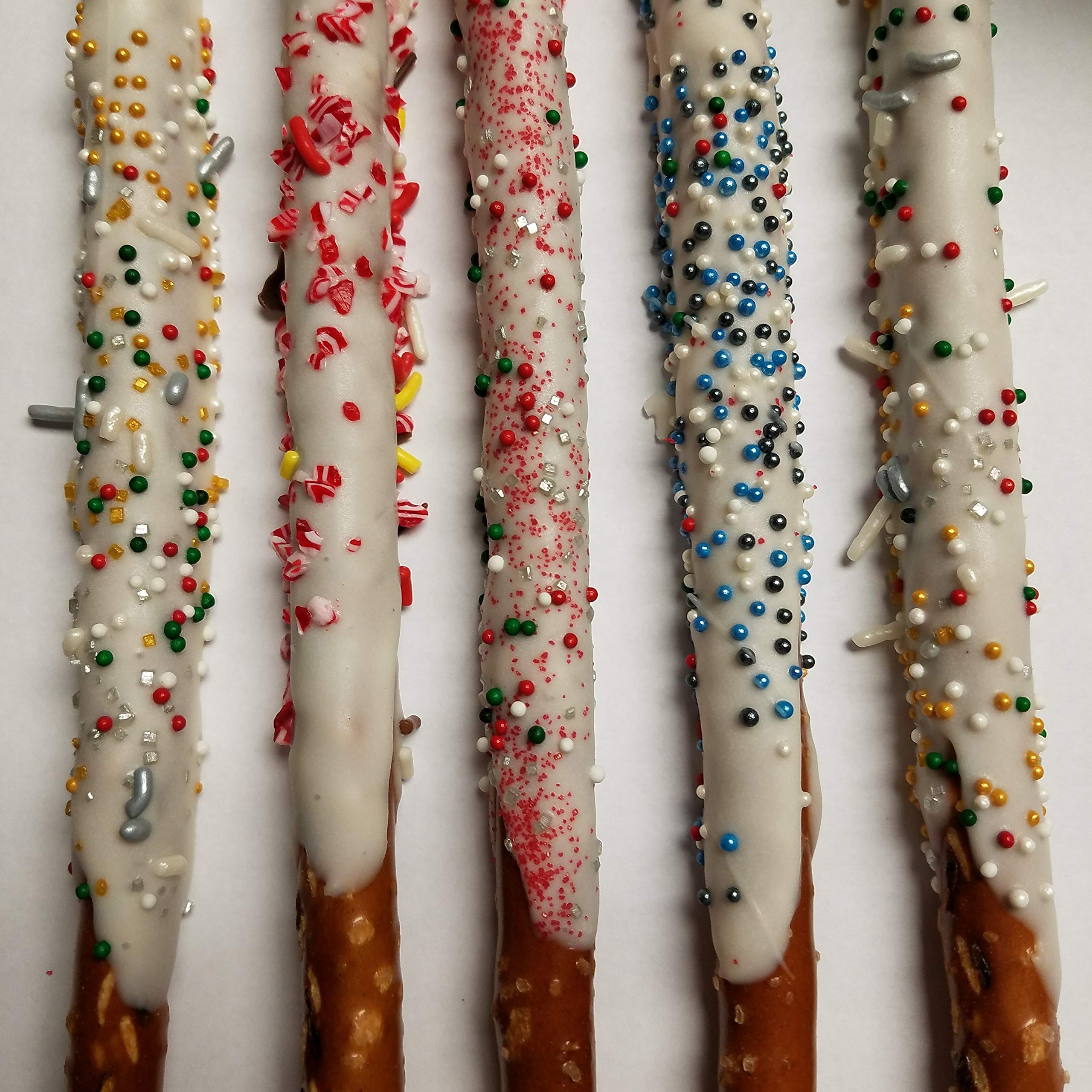 Premium White Chocolate Covered Pretzel Rods with Holiday Toppings - Perfect for Christmas Gifts, Party Snacks & Festive Treats