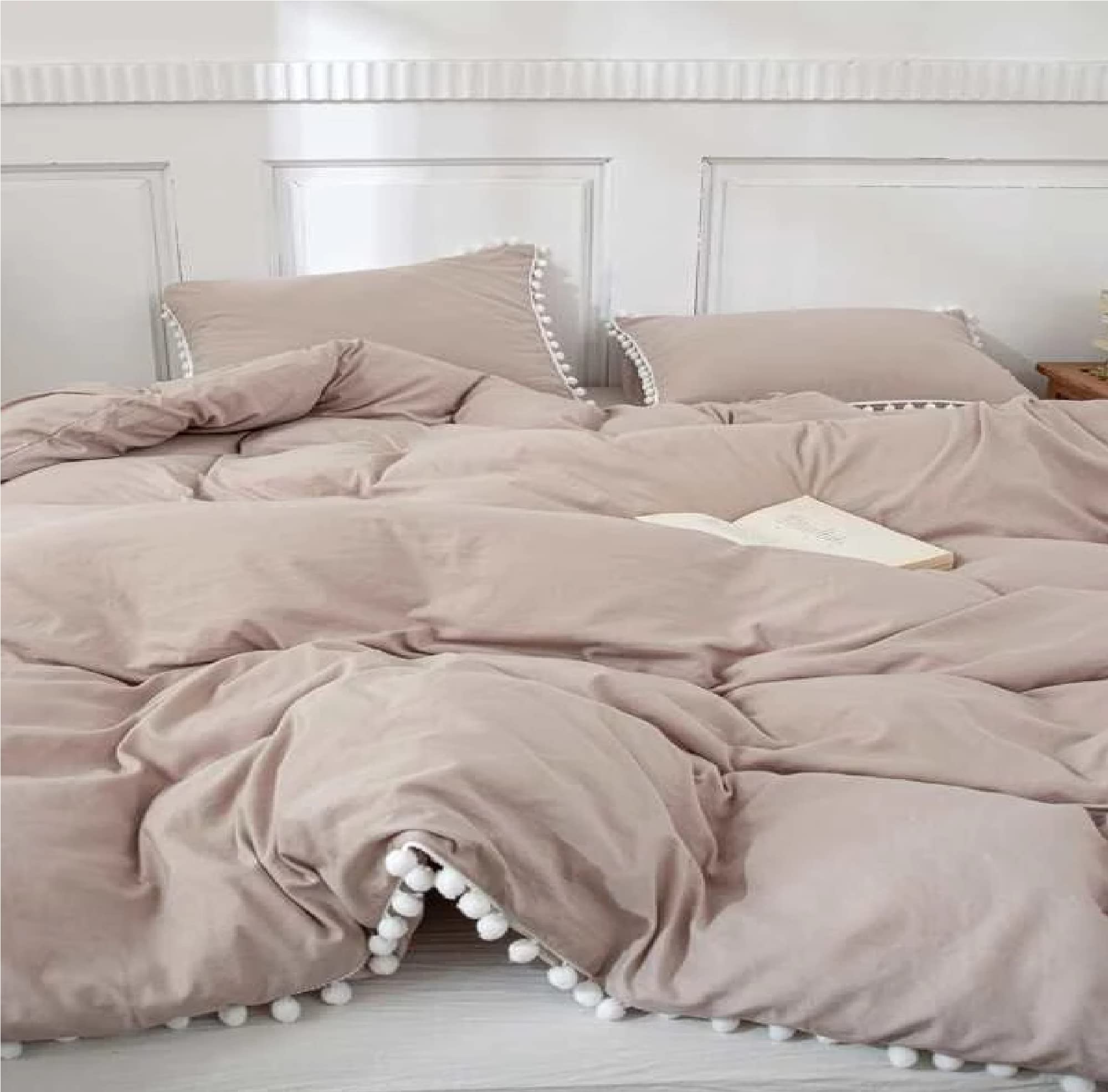 Beige Stone Washed Cotton Duvet Cover Set with White Pom Pom Trim - Queen/King/Twin/California King Size - Soft & Cozy Bedding for Master Bedroom, Guest Room, or Dorm